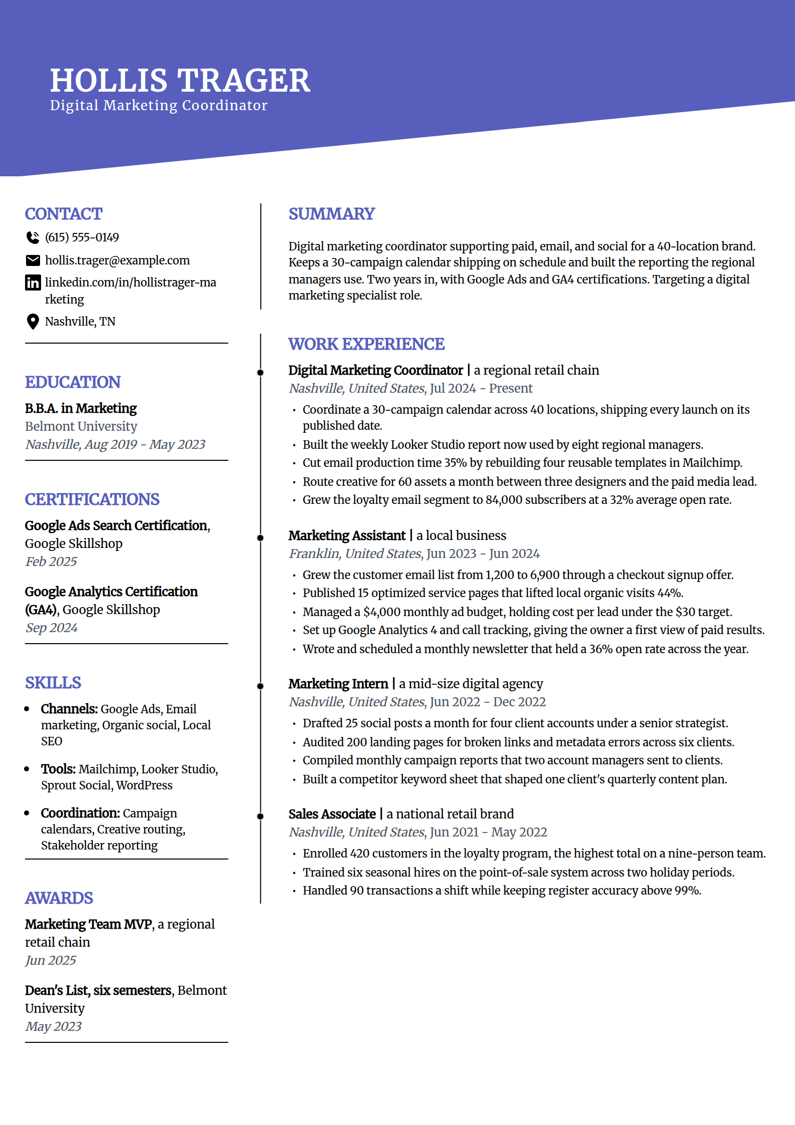 Digital Marketing Coordinator resume example in the Orbit template
