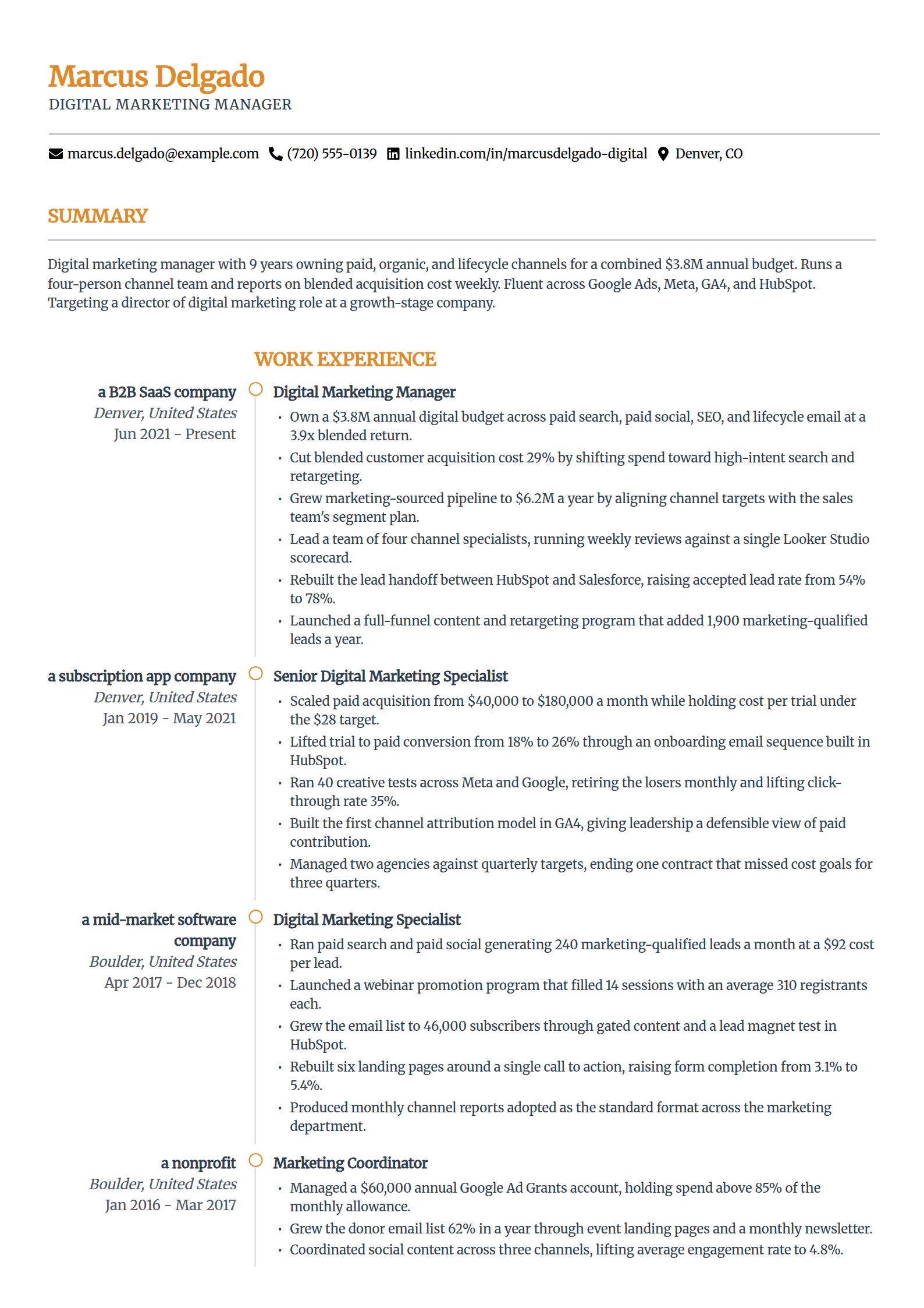 Digital Marketing Manager resume example in the Zenith template