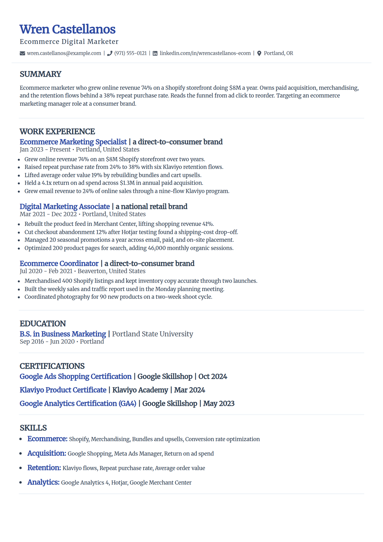 Ecommerce digital marketer resume example in the Elegant template