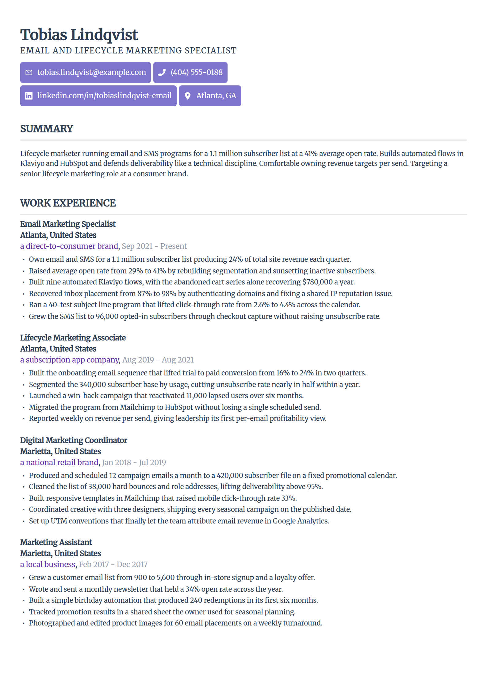 Email Marketing Specialist resume example in the Sleek Framework template