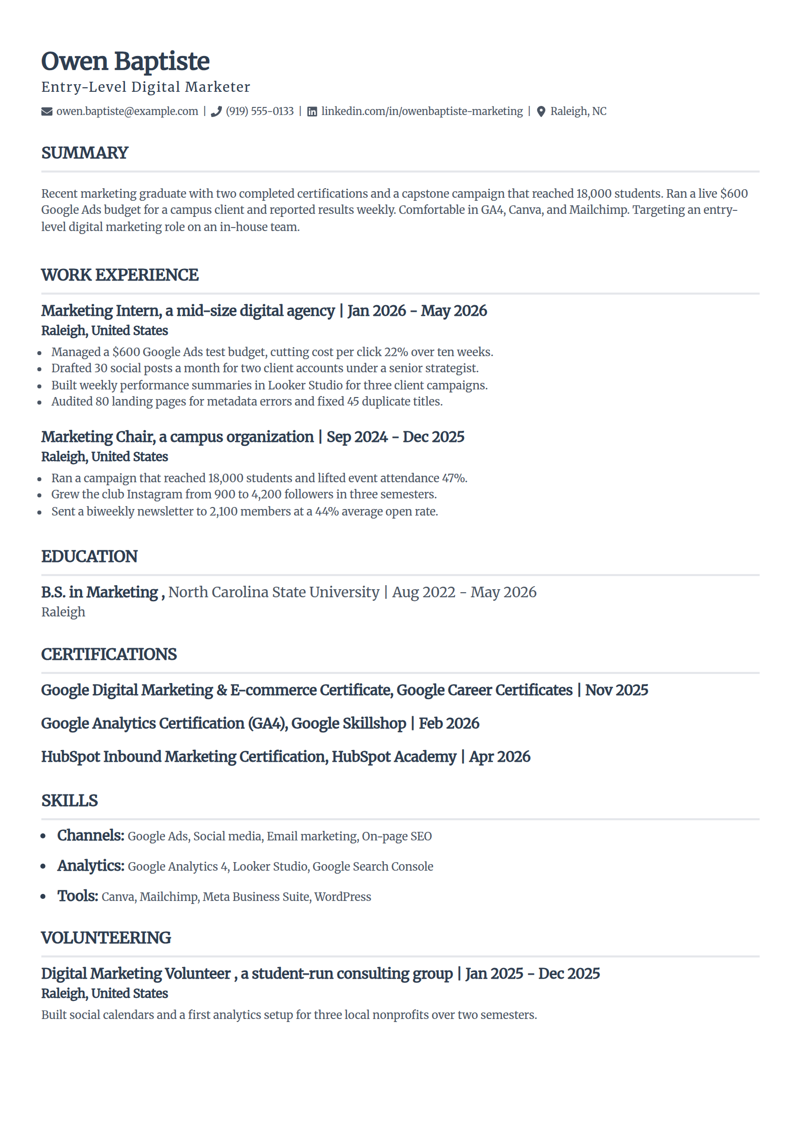 Entry-level digital marketer resume example in the Classic template