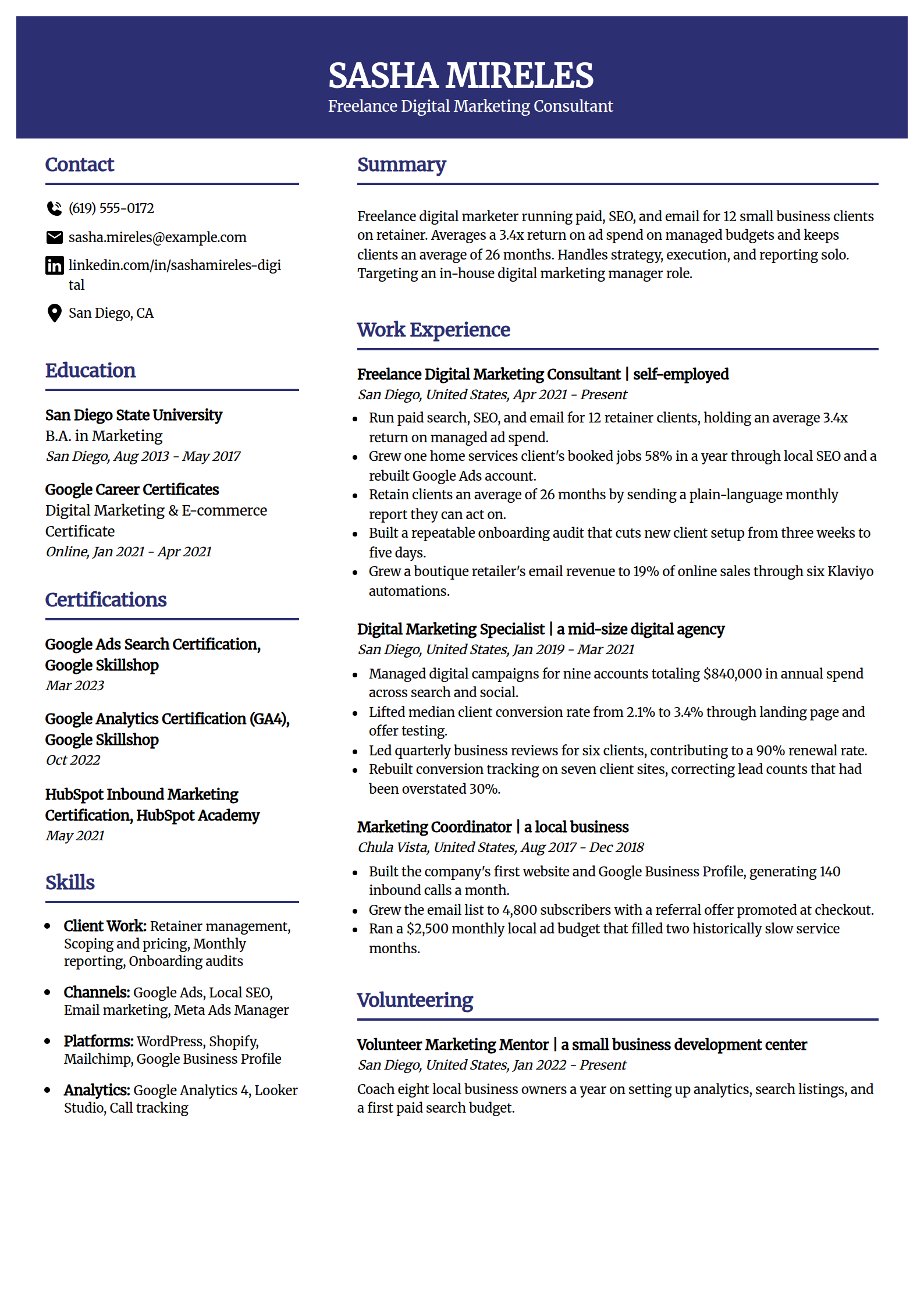 Freelance digital marketer resume example in the Visionary template