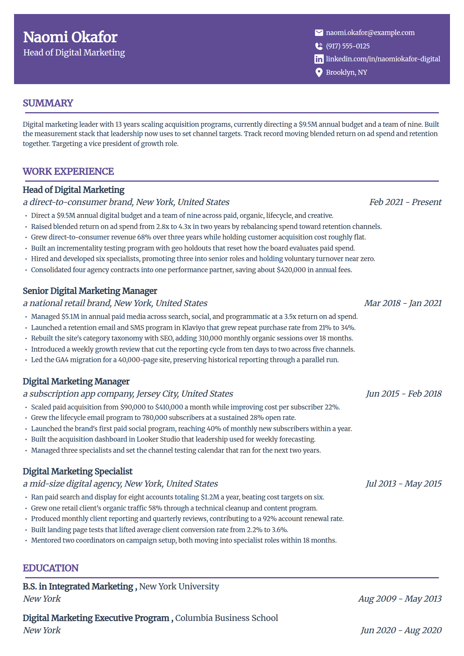Head of Digital Marketing resume example in the Panorama template
