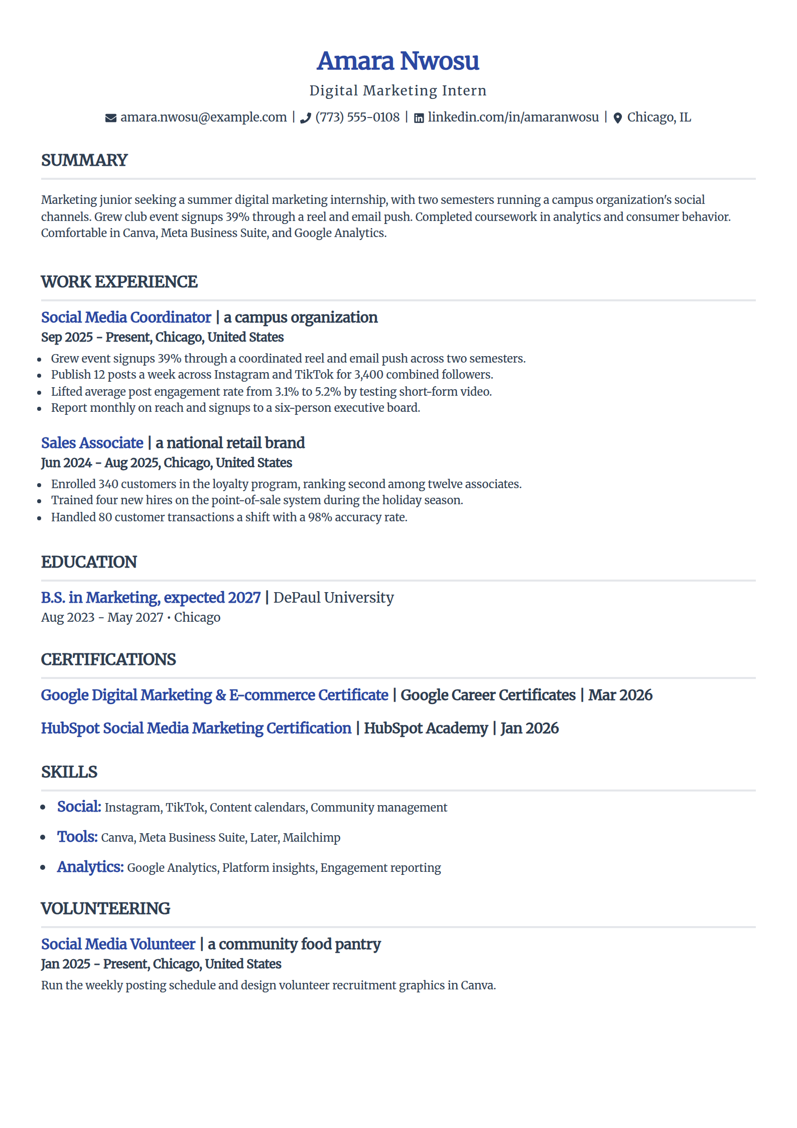 Digital Marketing Intern resume example in the Simple template