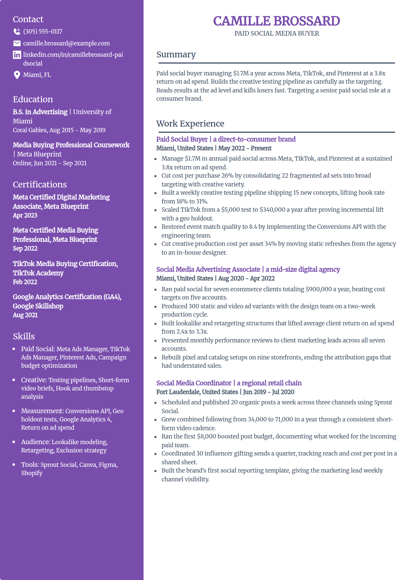 Paid Social Media Buyer resume example in the Pioneer template