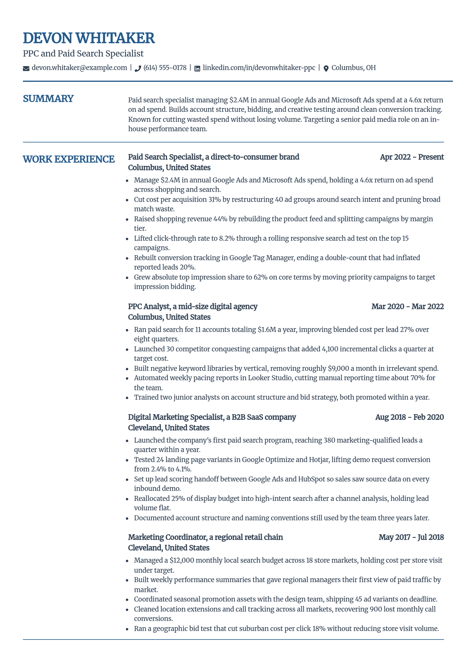 PPC and Paid Search Specialist resume example in the Craft template