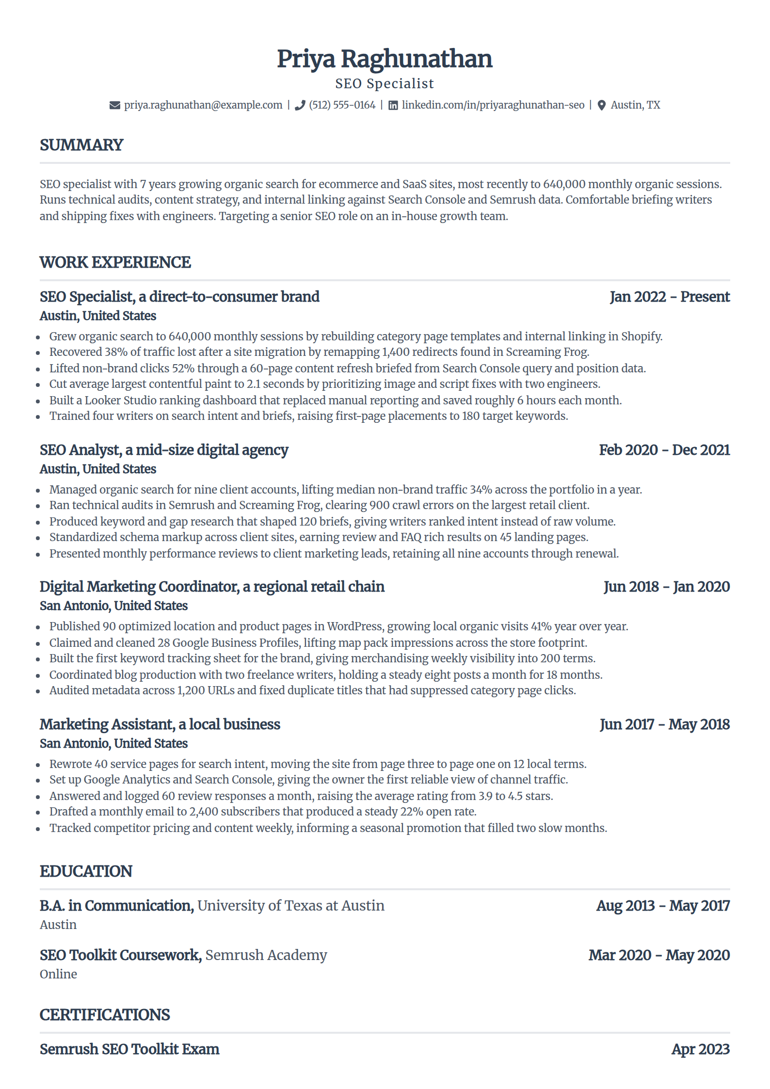 SEO Specialist resume example in the Standard template