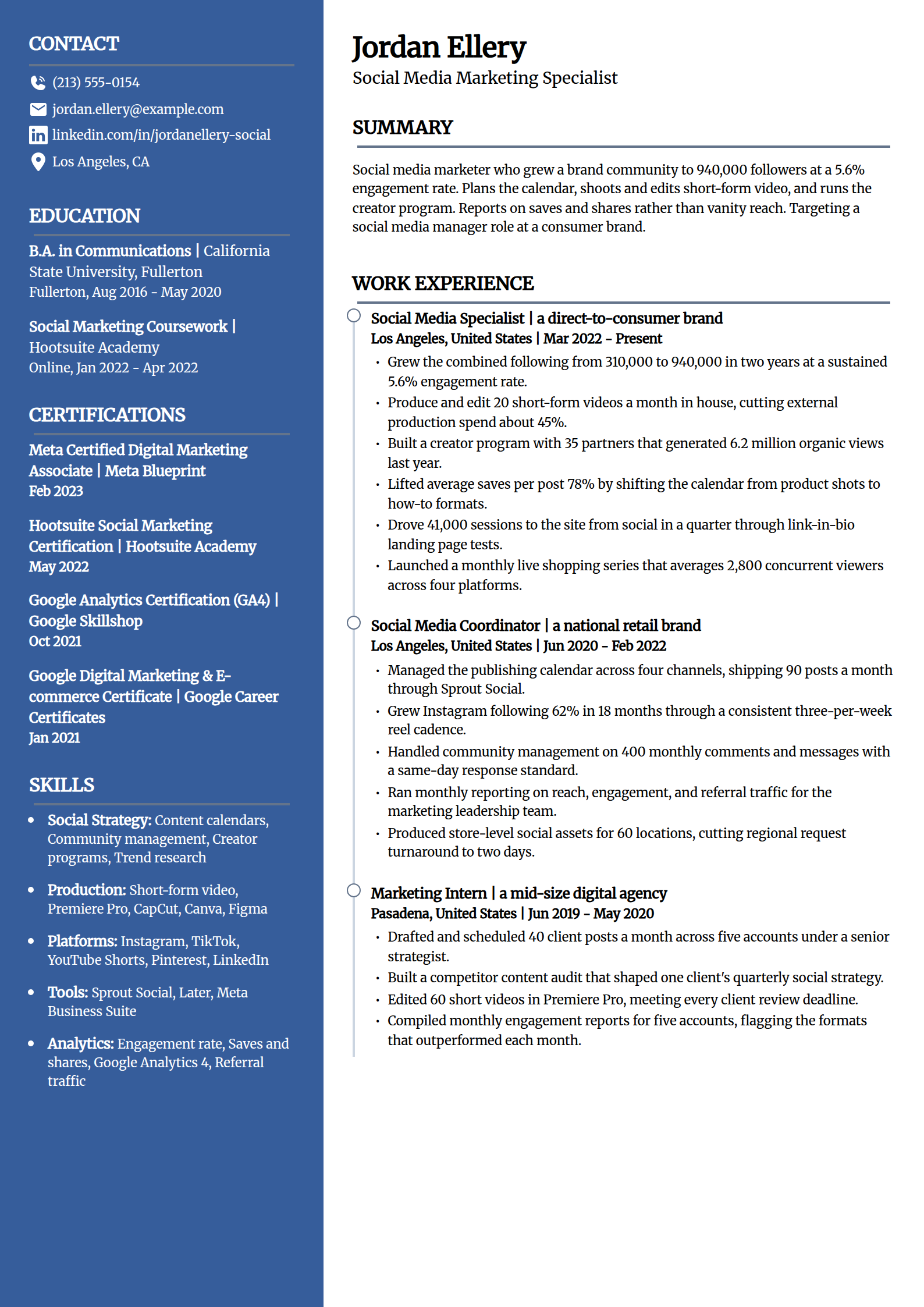 Social Media Marketing Specialist resume example in the Creative template