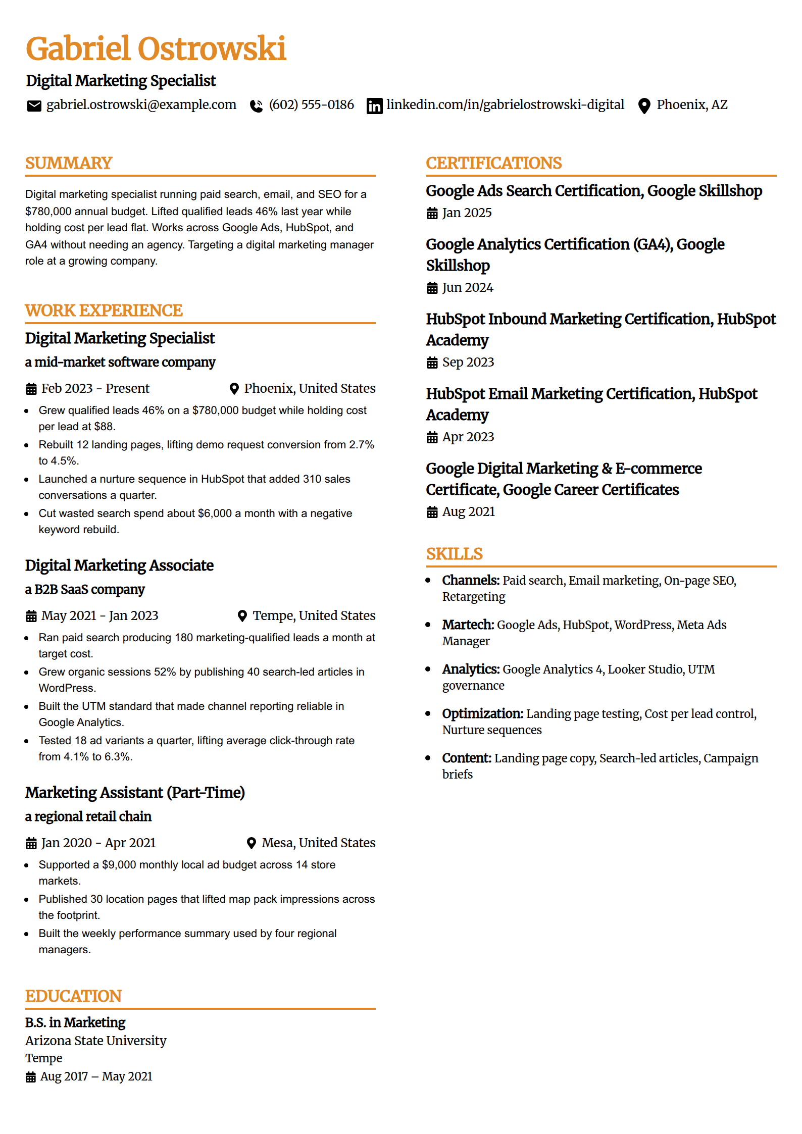 Digital Marketing Specialist resume example in the Professional Edge template
