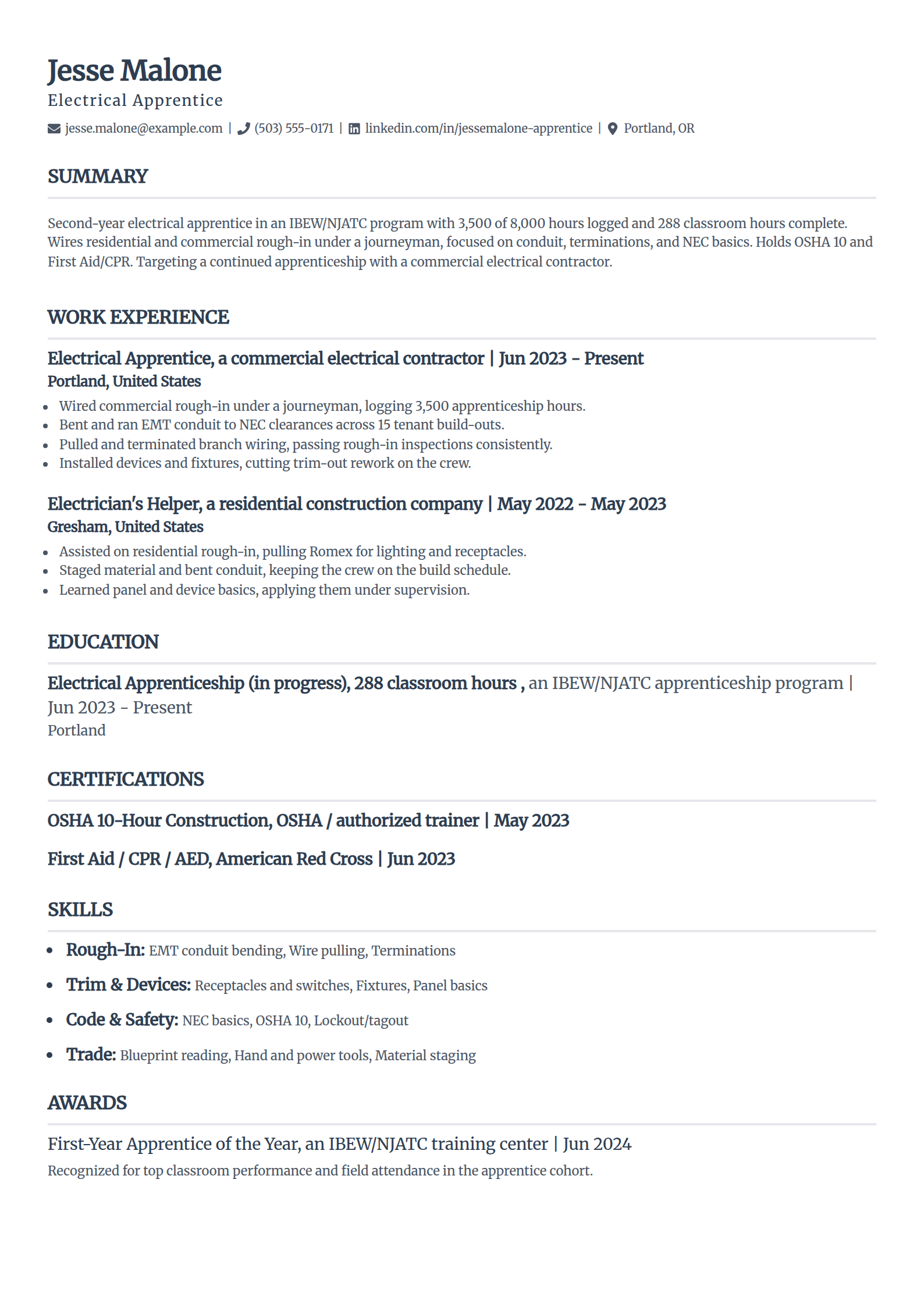 Apprentice electrician resume example in the Classic template