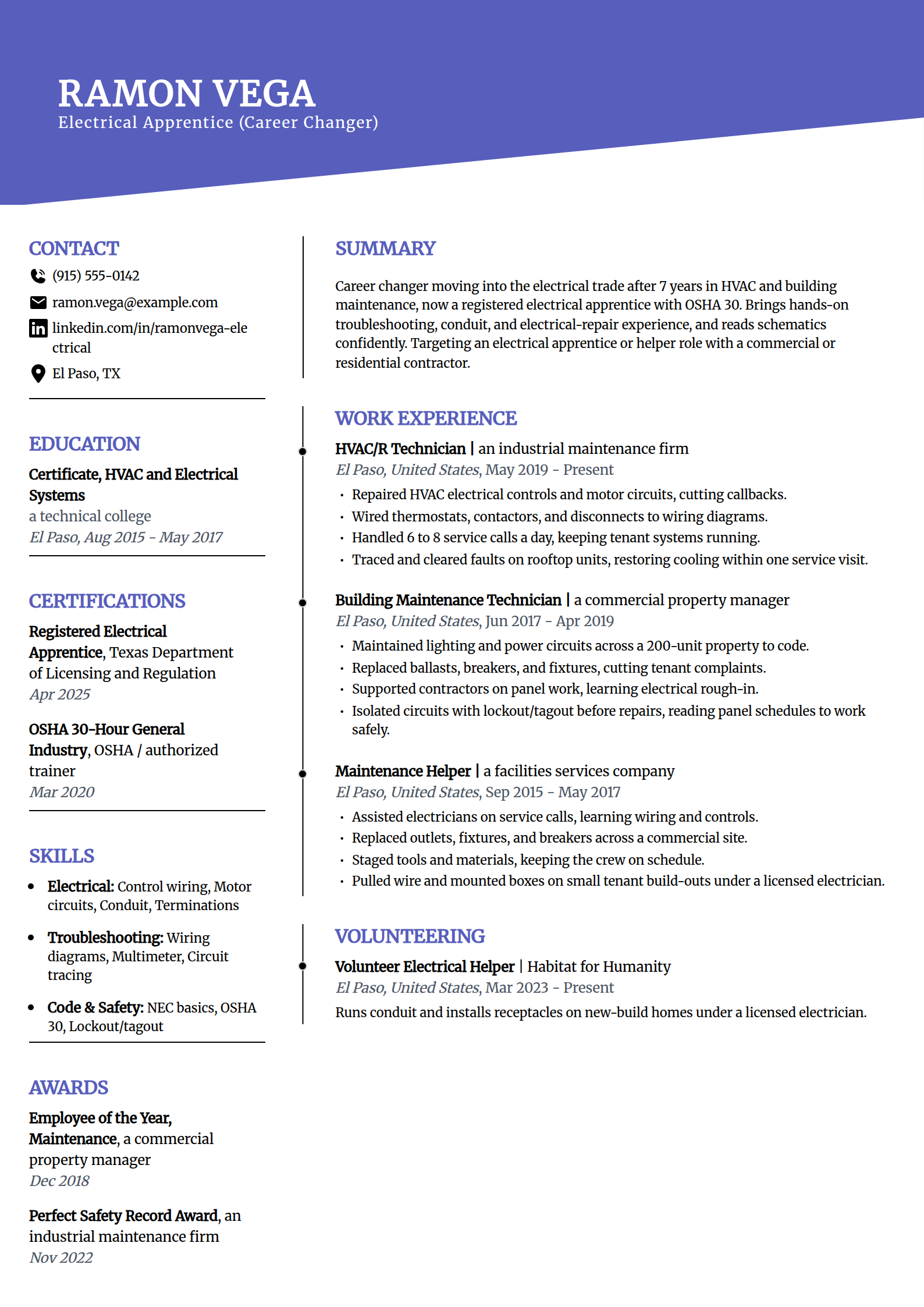 Career-change electrician resume example in the Orbit template