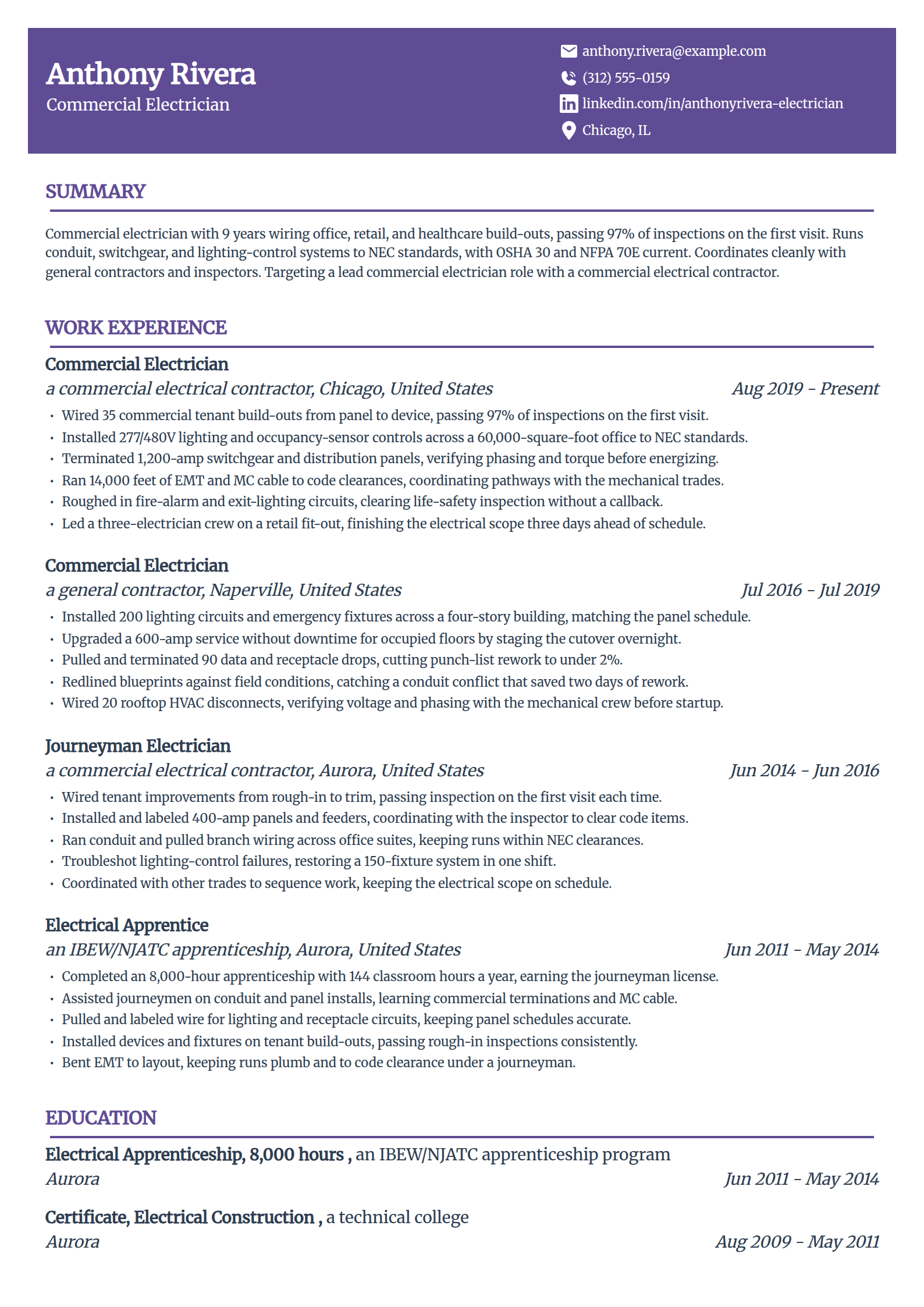 Commercial electrician resume example in the Panorama template