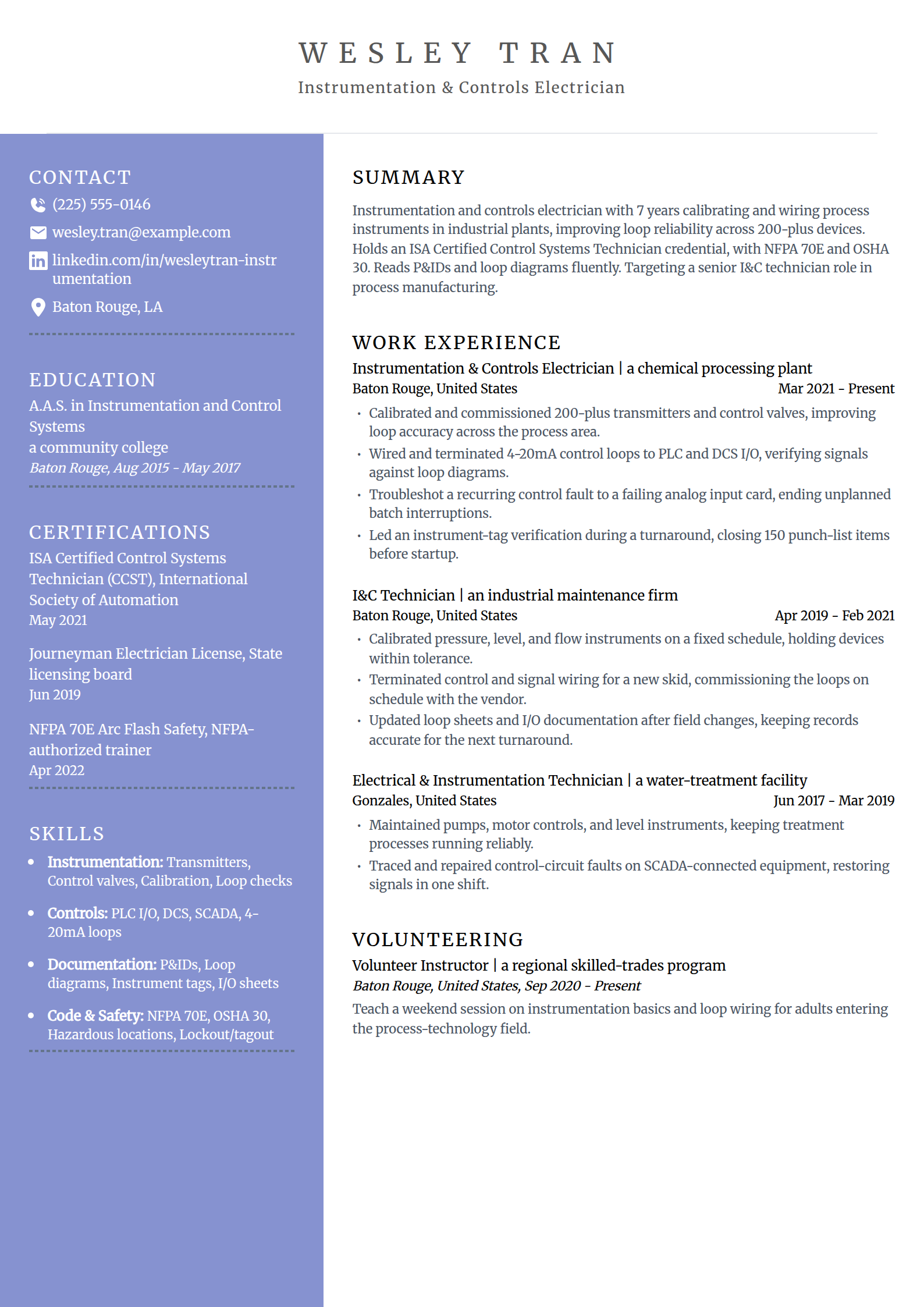 Instrumentation and controls electrician resume example in the Luminary template