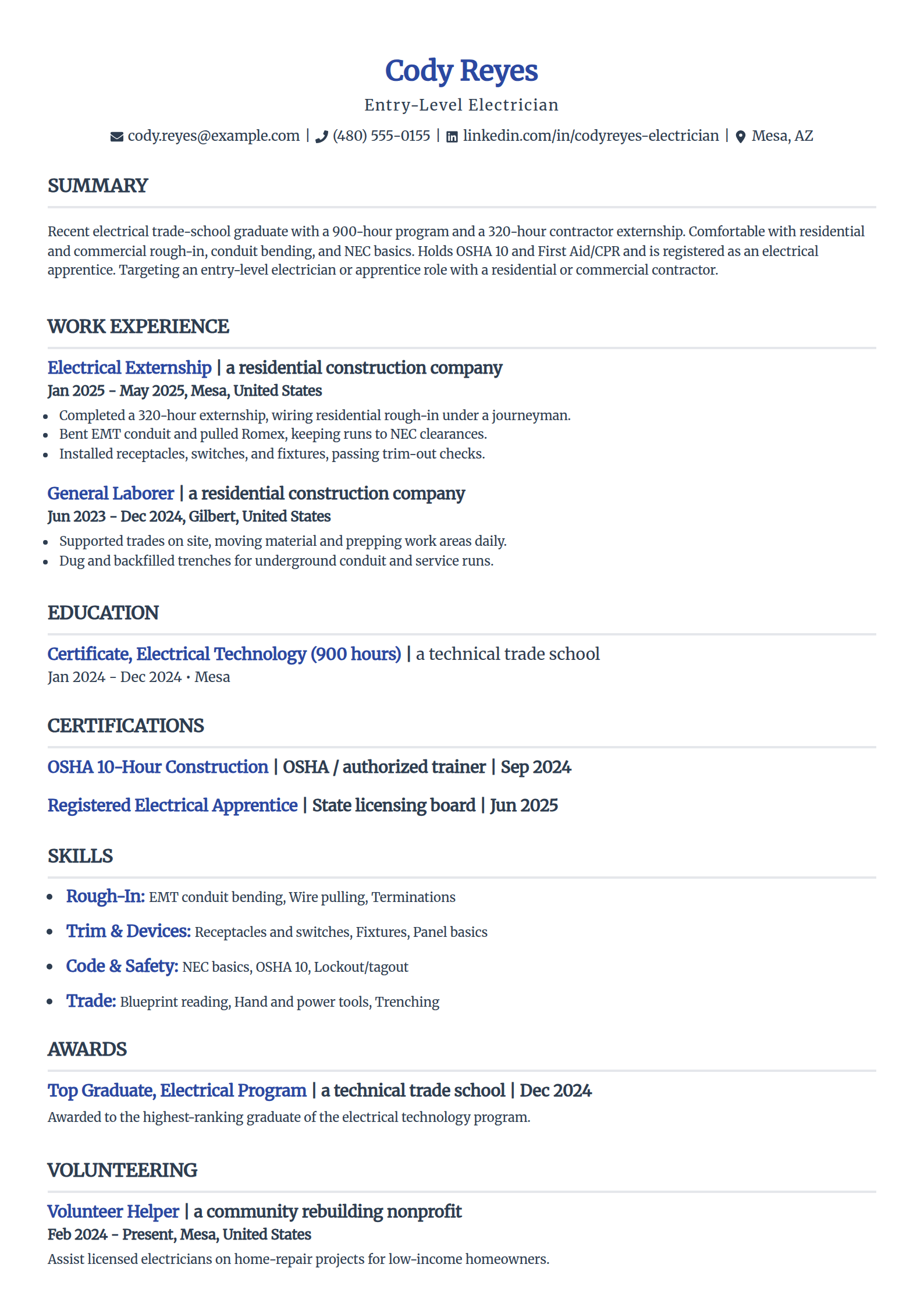 Entry-level electrician resume example in the Simple template