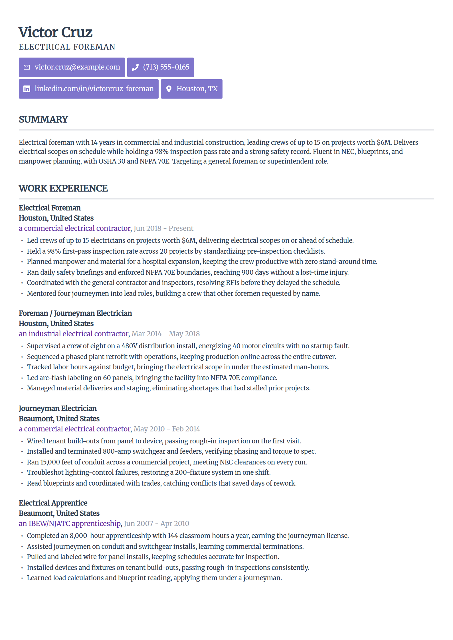 Electrical foreman resume example in the Sleek Framework template