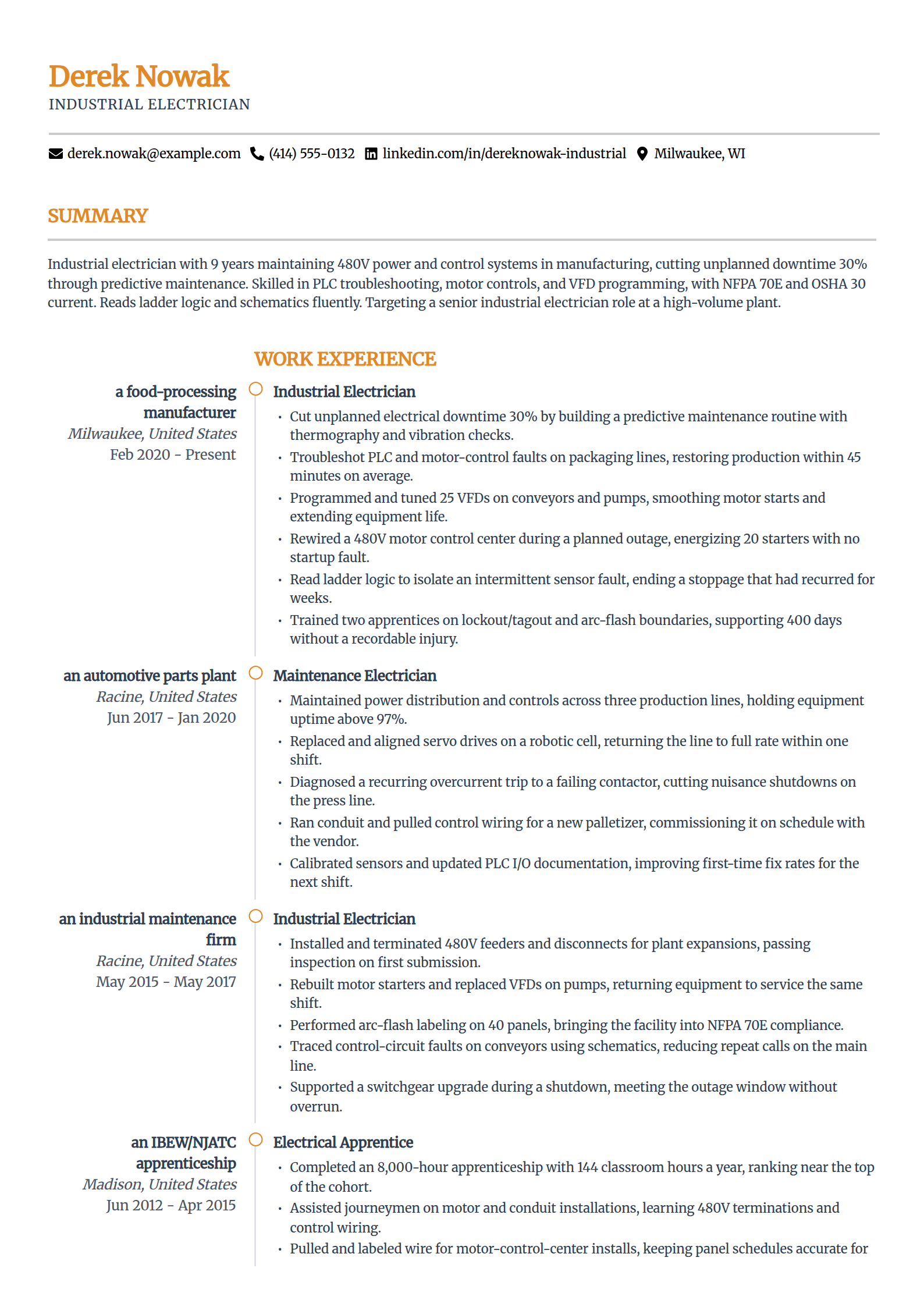 Industrial electrician resume example in the Zenith template