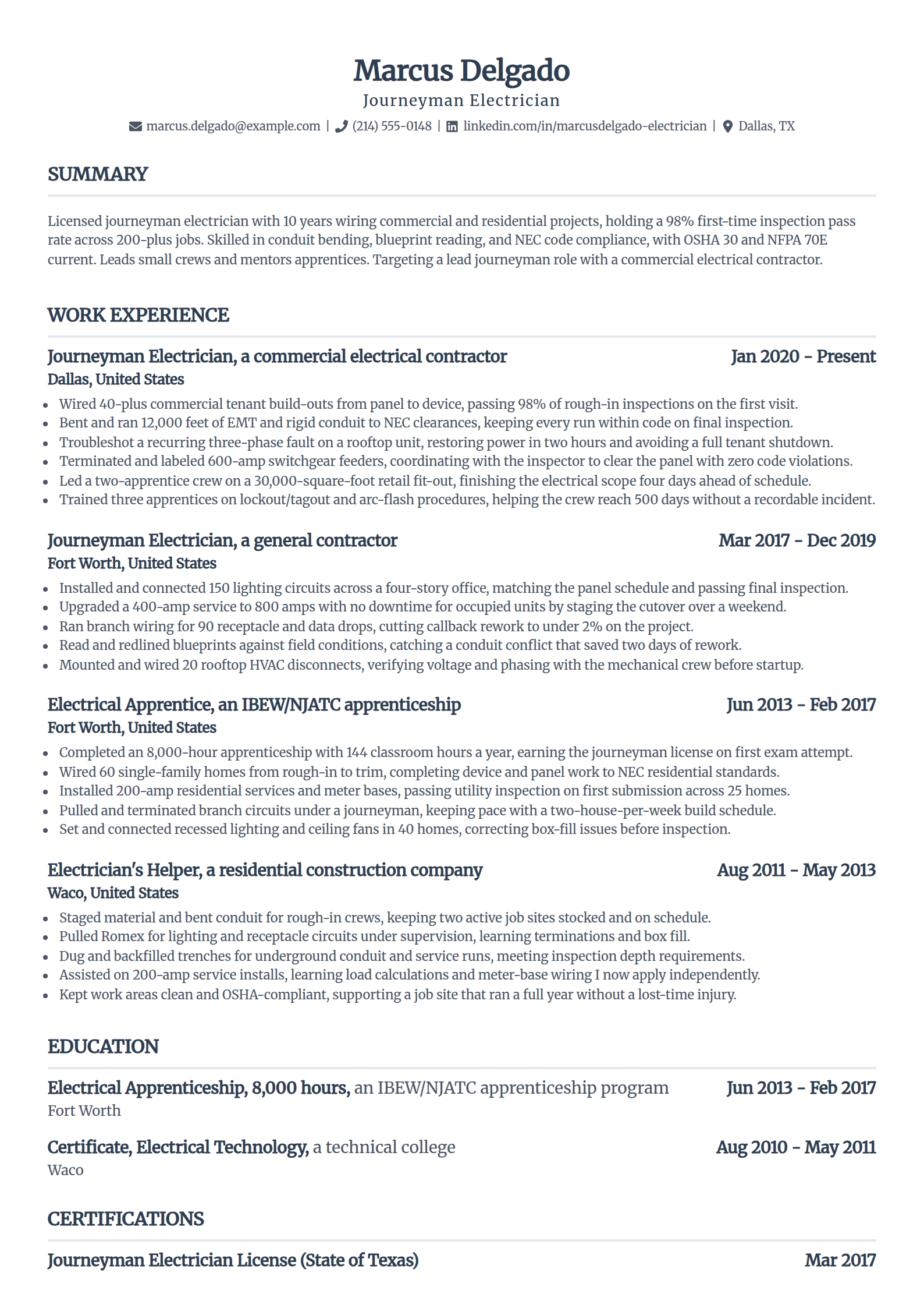 Journeyman electrician resume example in the Standard template
