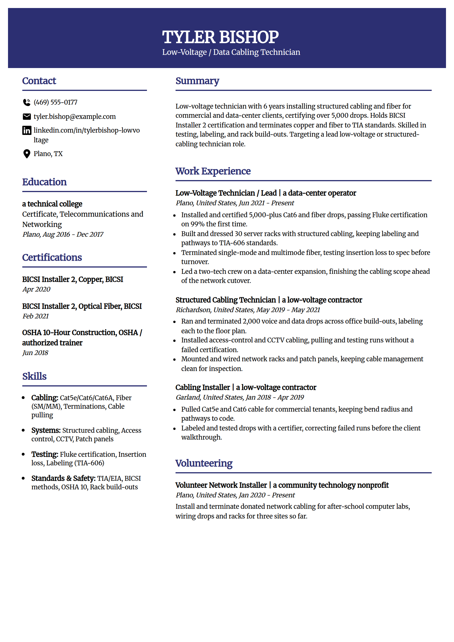 Low-voltage and data cabling technician resume example in the Visionary template