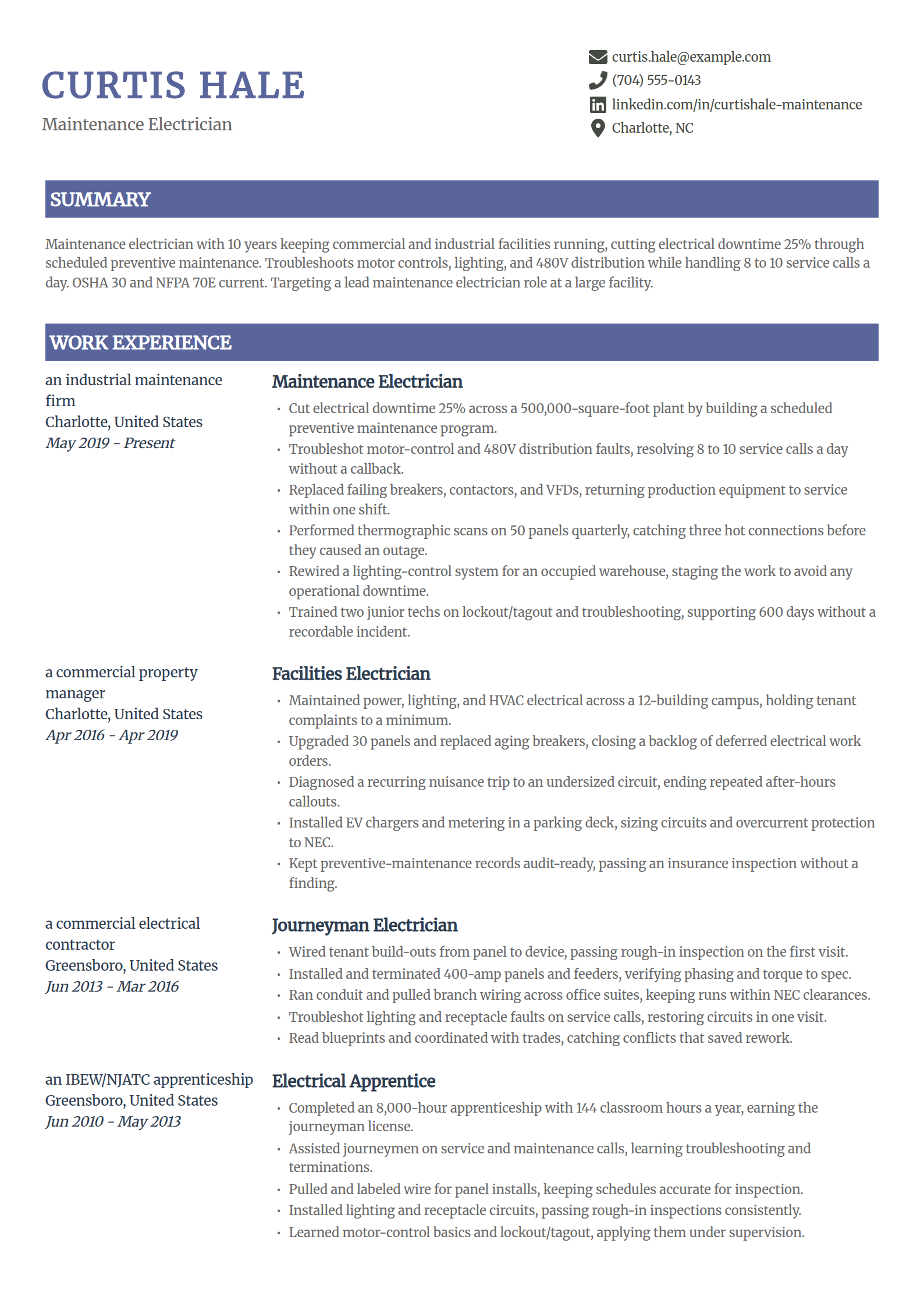 Maintenance electrician resume example in the Catalyst template