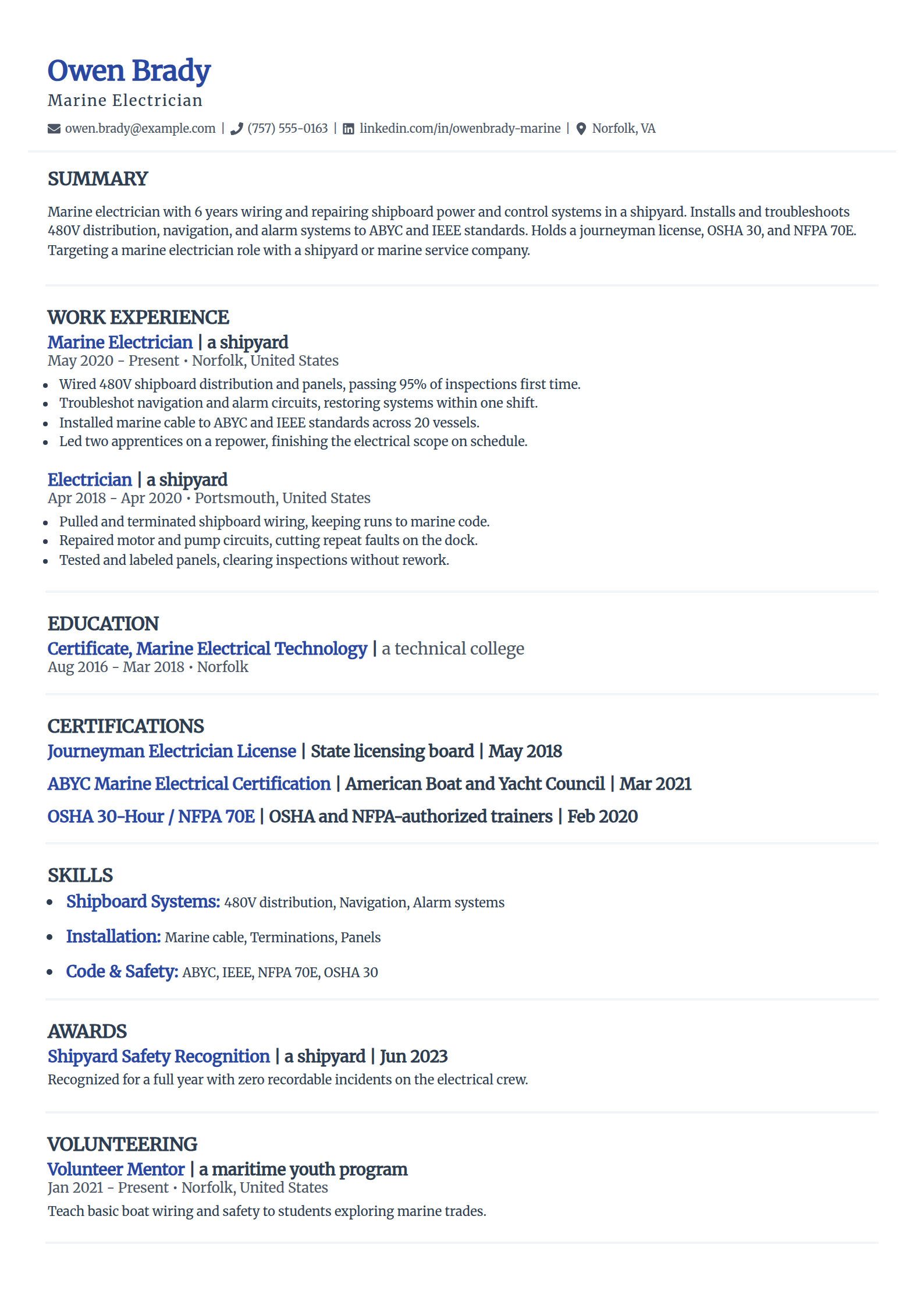Marine electrician resume example in the Elegant template