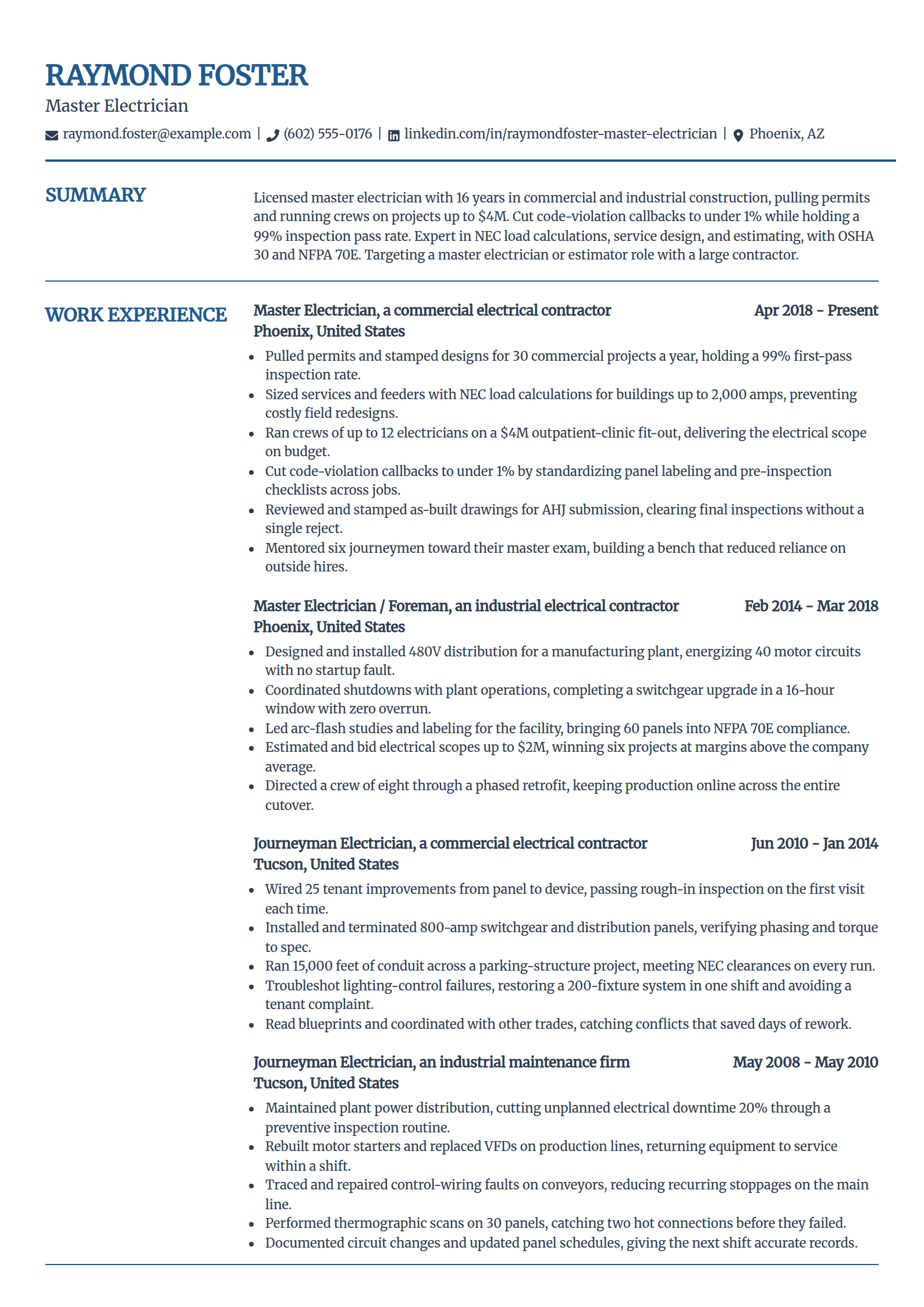 Master electrician resume example in the Craft template