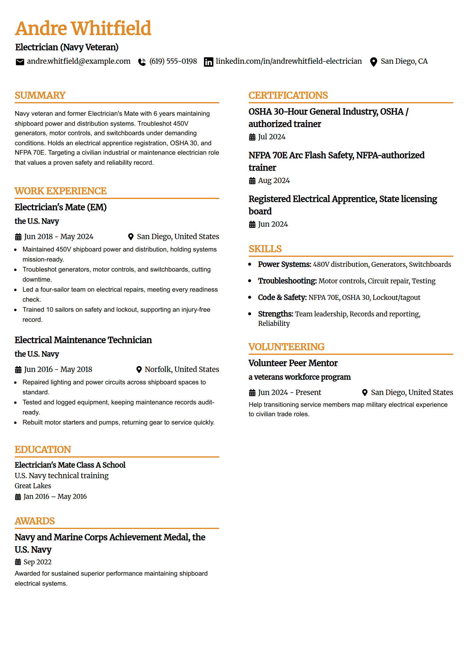 Military-to-civilian electrician resume example in the Professional Edge template