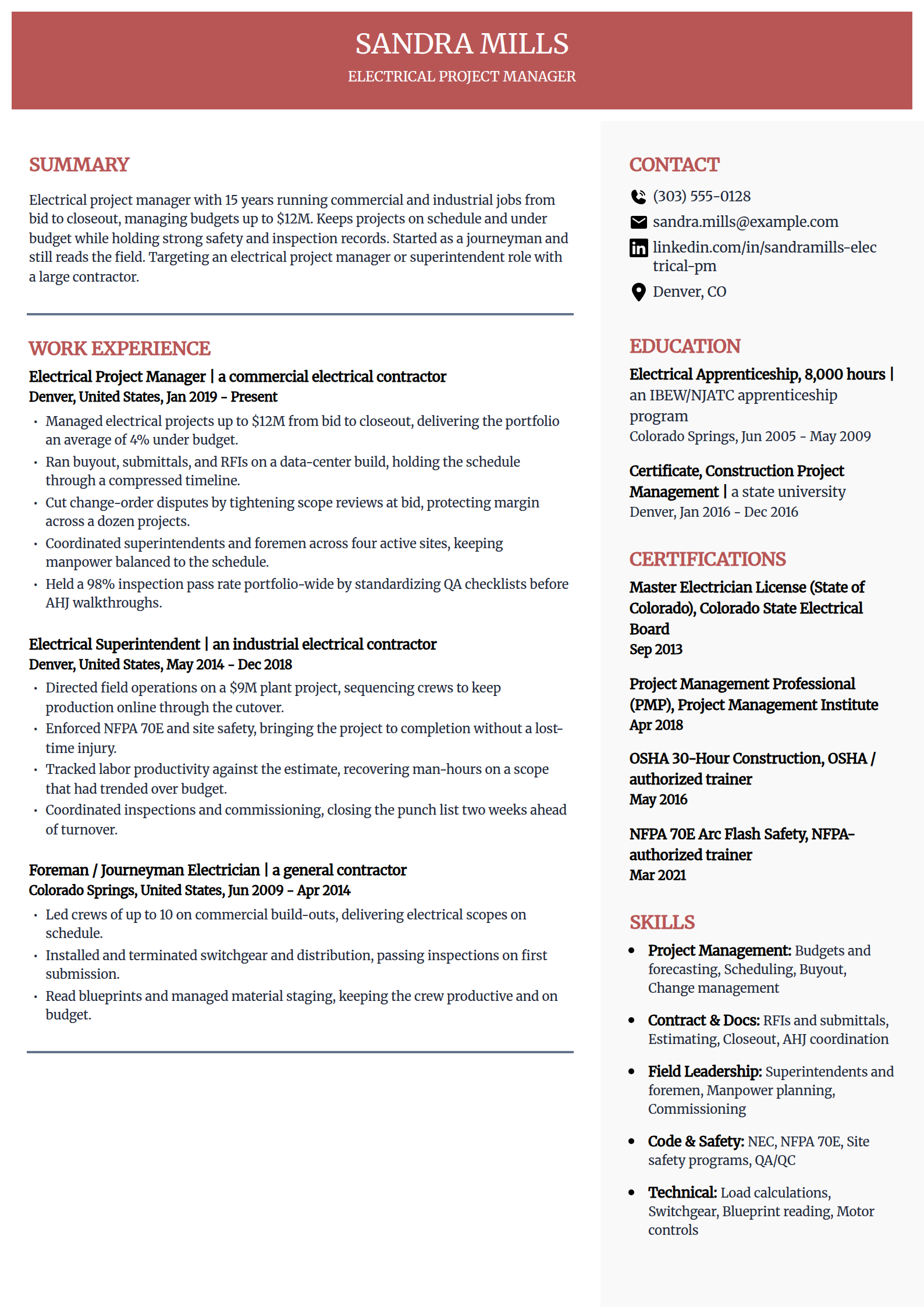 Electrical project manager resume example in the Executive template