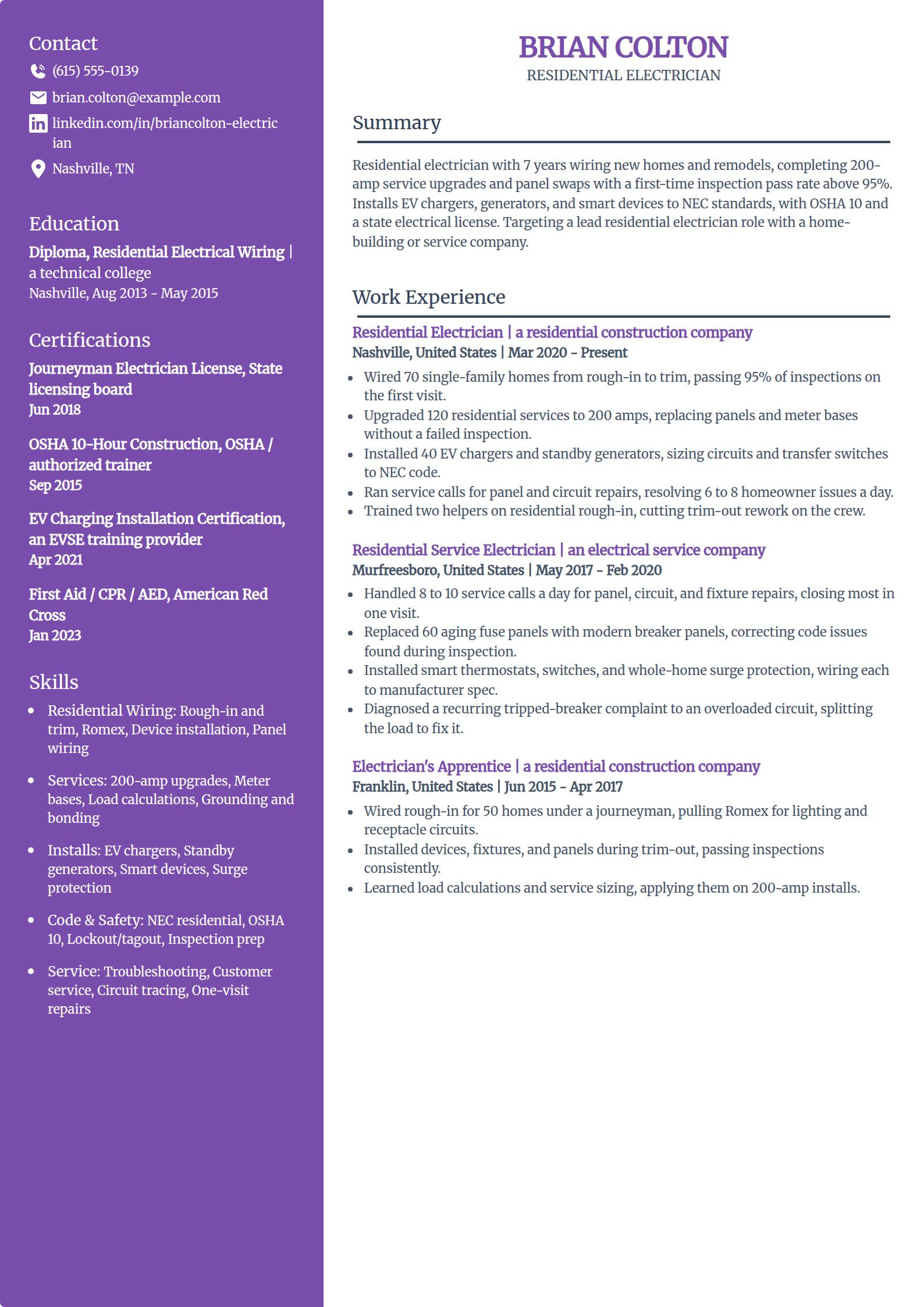 Residential electrician resume example in the Pioneer template