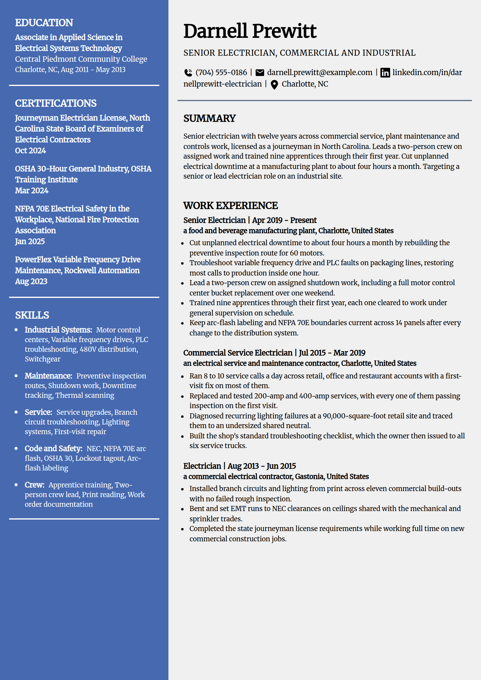 Senior electrician with 10+ years of experience resume example in the Innovative template