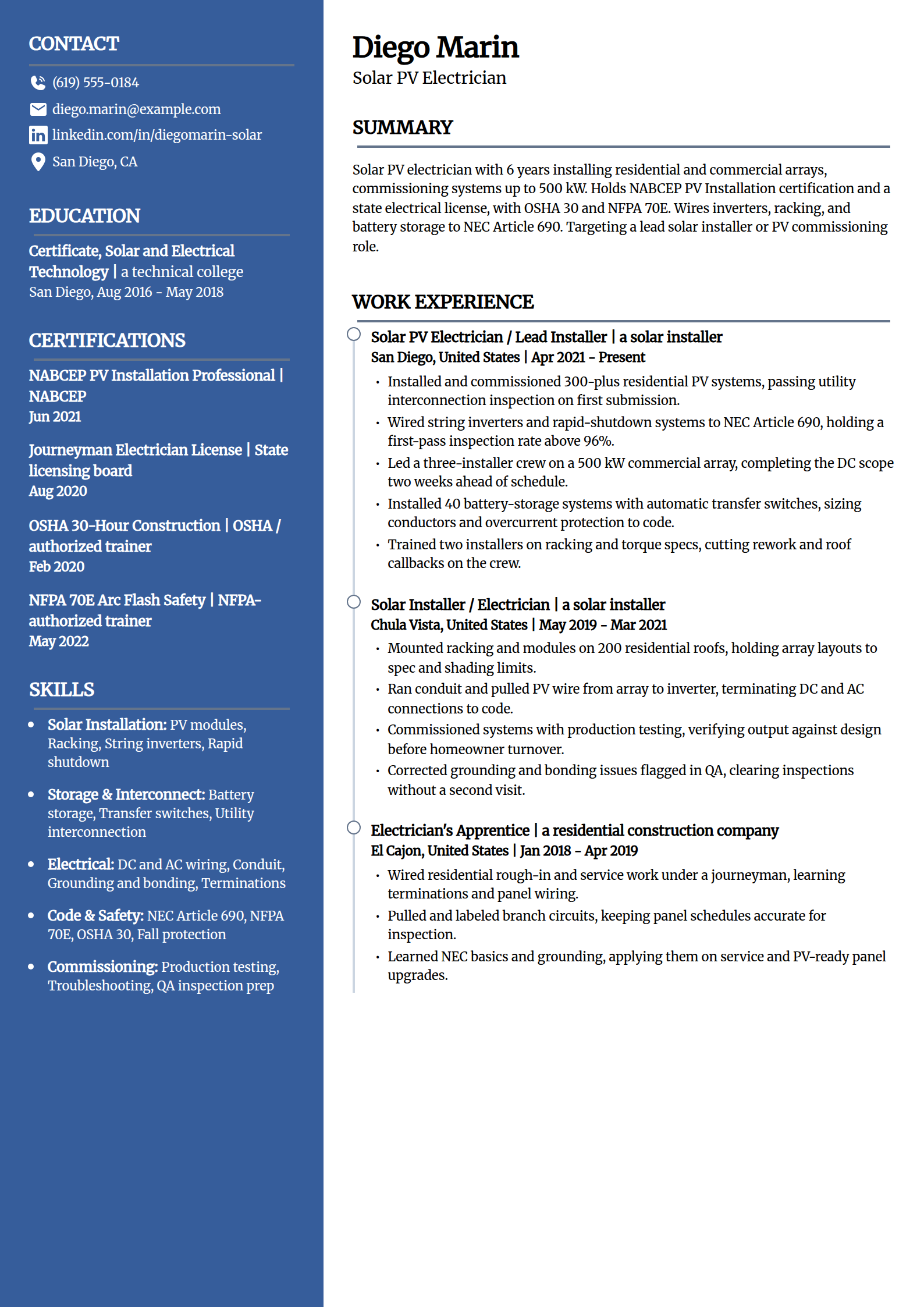 Solar PV electrician resume example in the Creative template