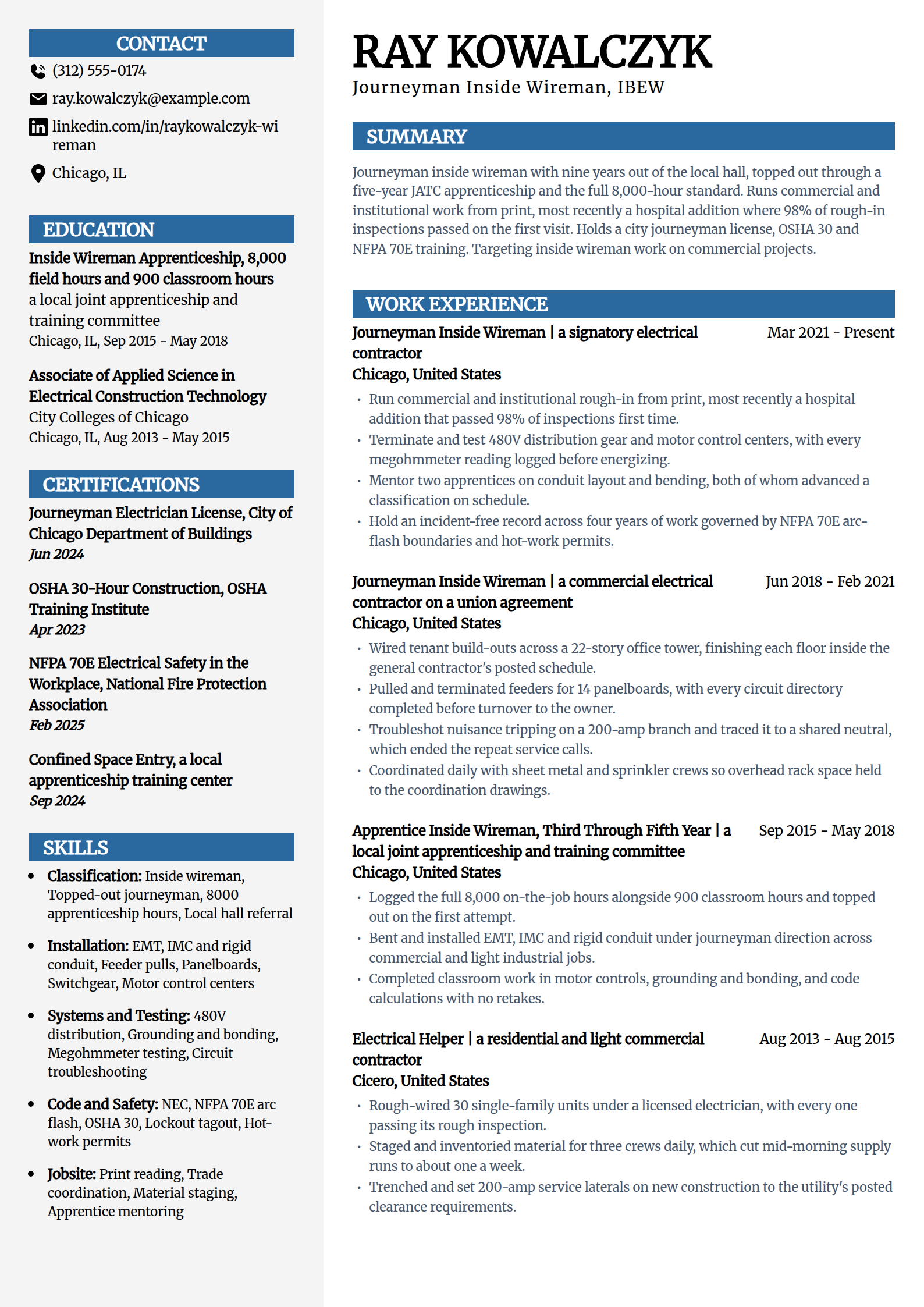 Union IBEW inside wireman resume example in the Mosaic template