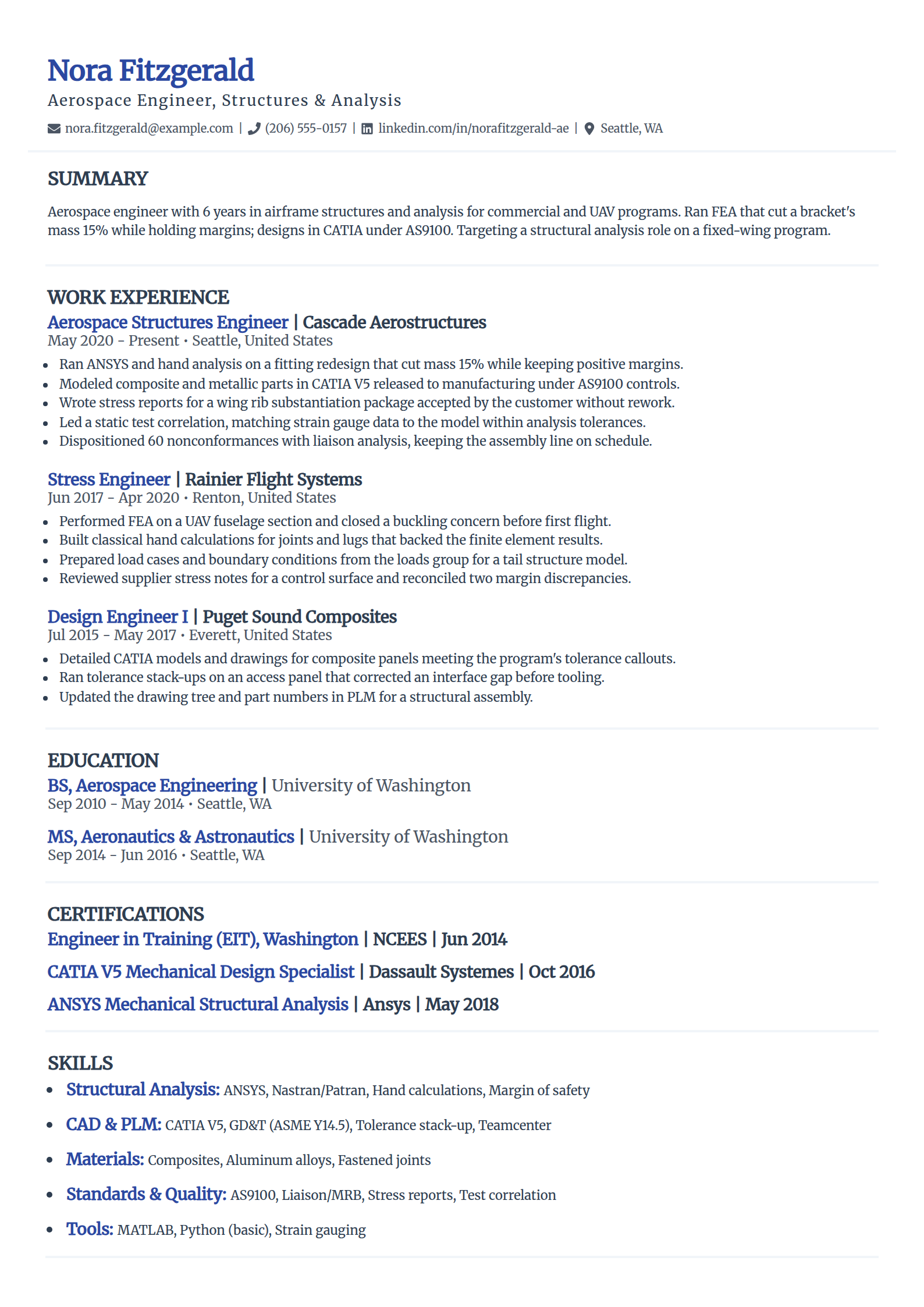Aerospace engineering resume example in the Elegant template