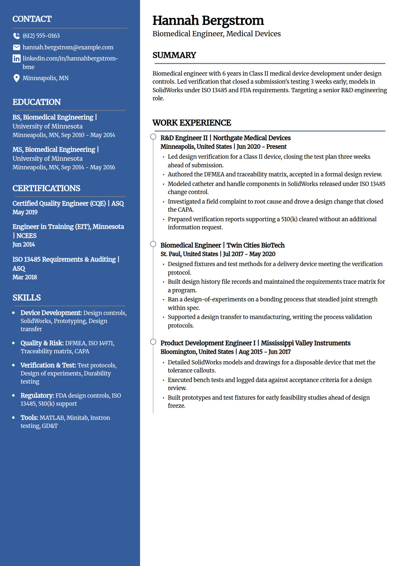 Biomedical engineering resume example in the Creative template