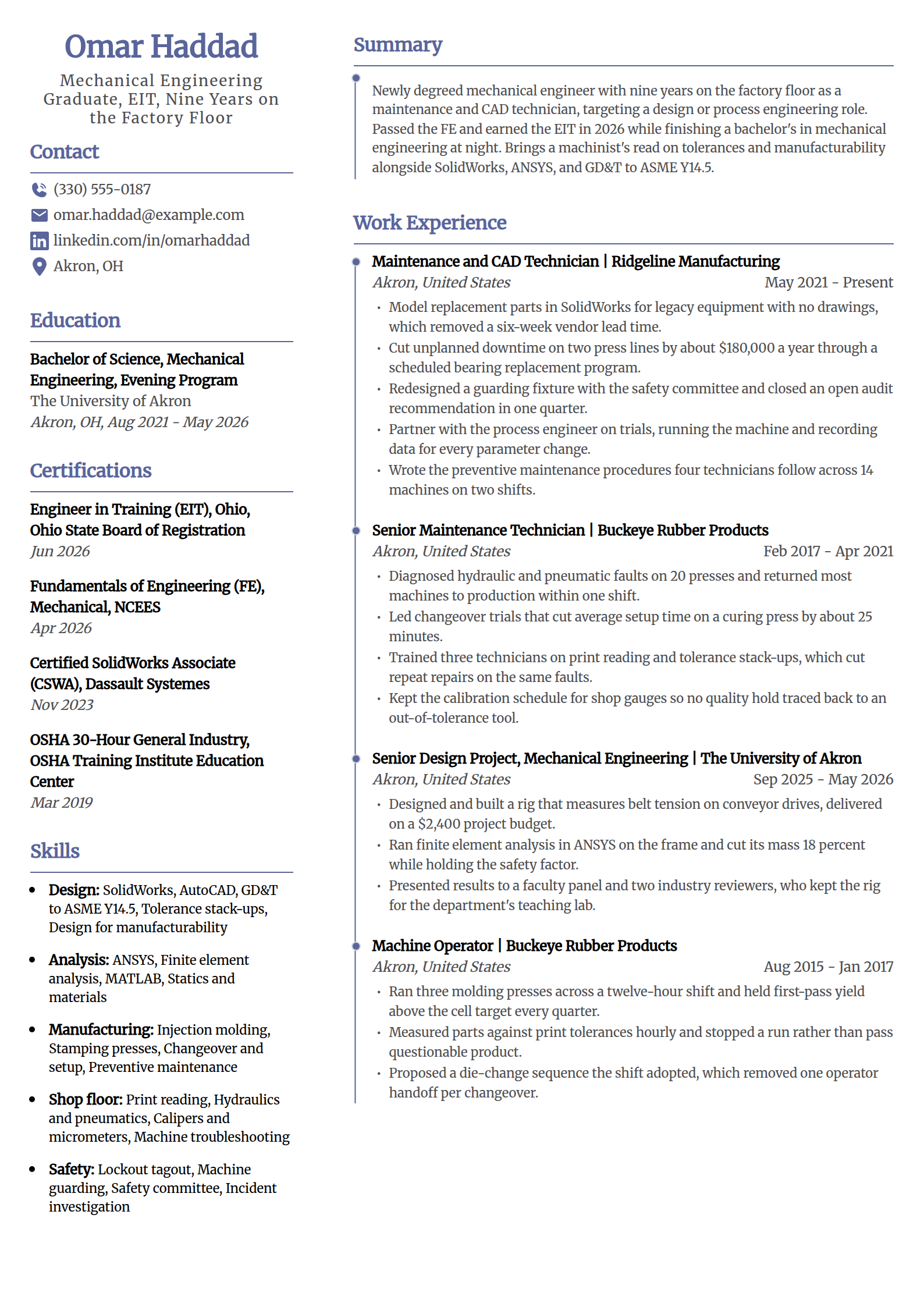 Career change engineering resume example in the Sculpt template
