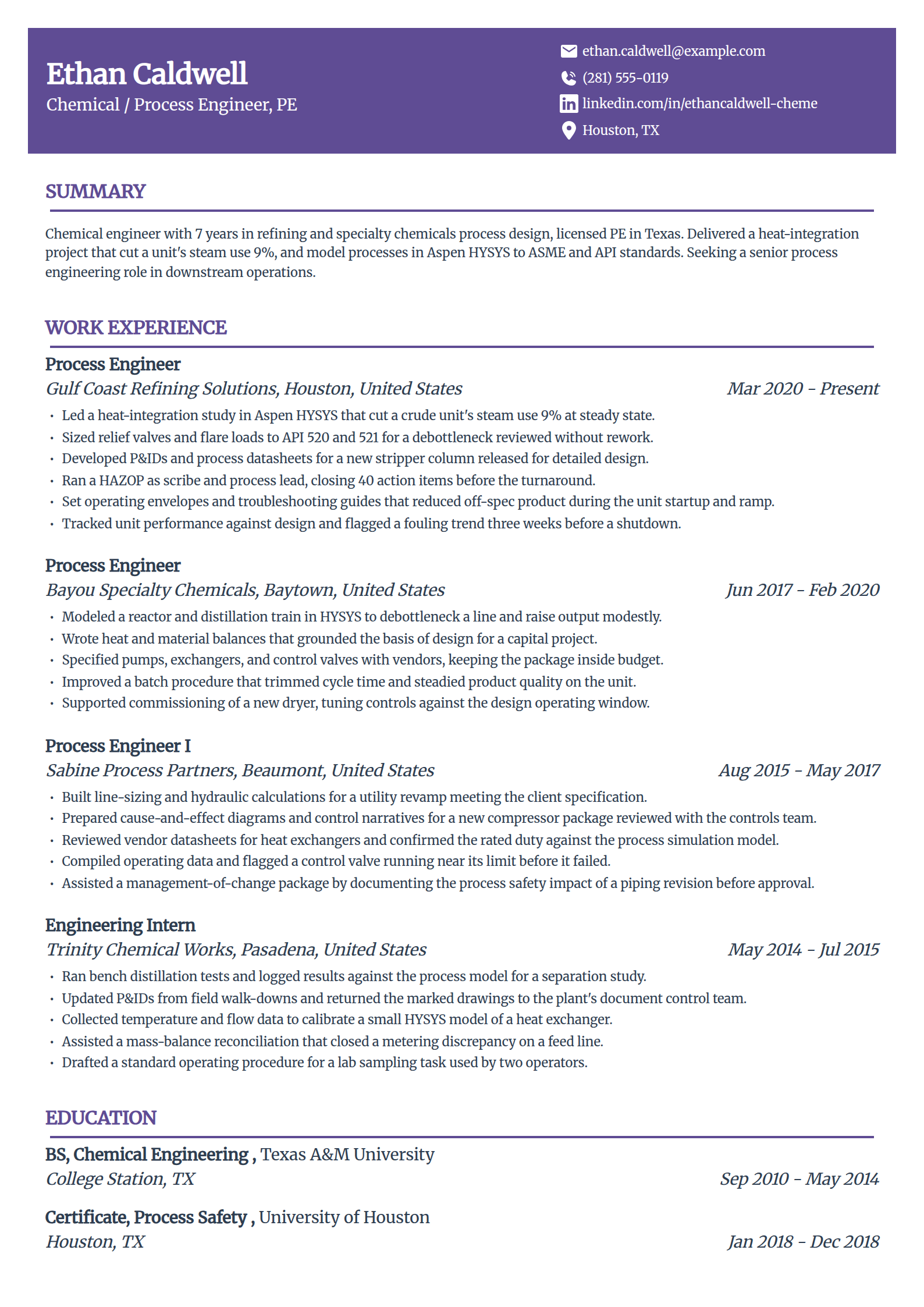 Chemical engineering resume example in the Panorama template