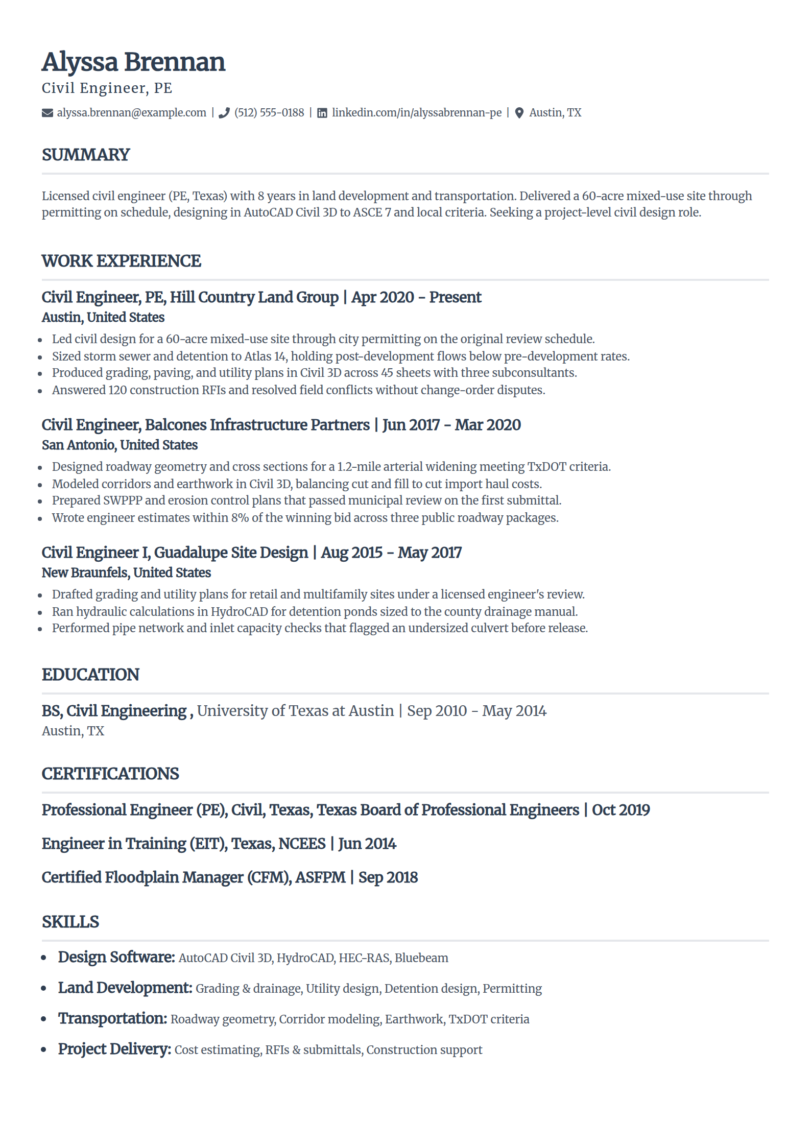 Civil engineering resume example in the Classic template