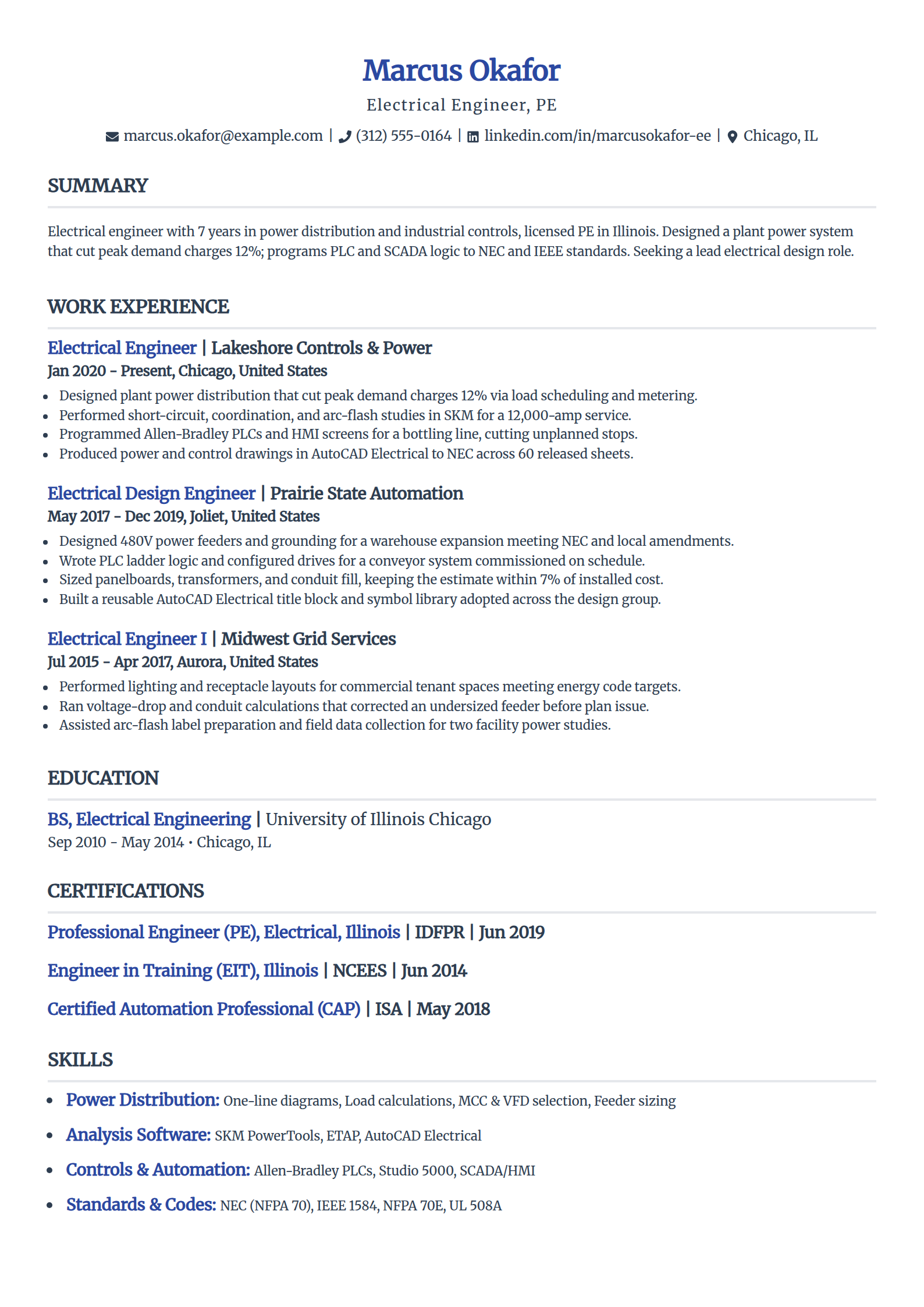 Electrical engineering resume example in the Simple template