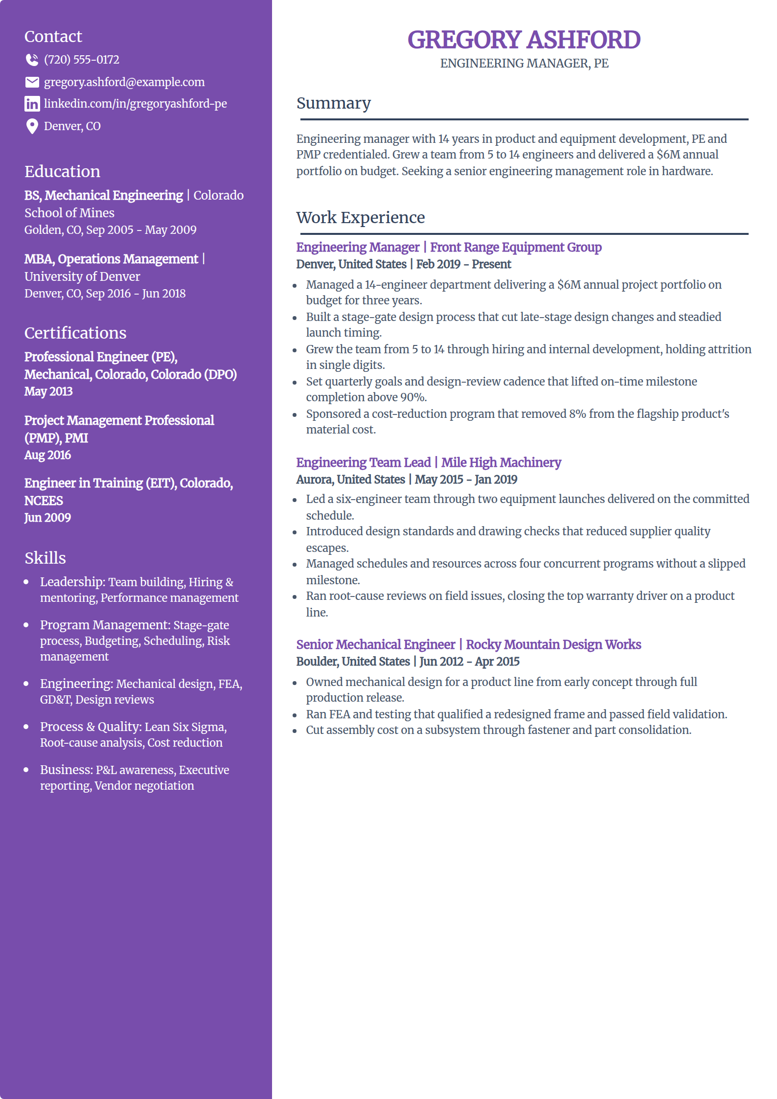 Engineering manager resume example in the Pioneer template
