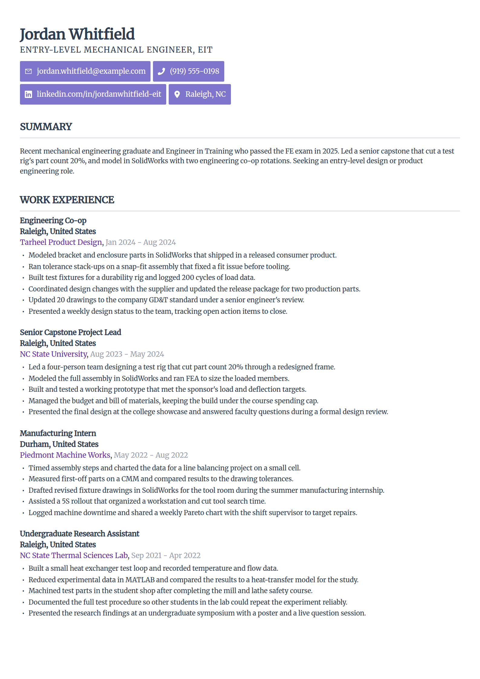 Entry-level intern engineer resume example in the Sleek Framework template
