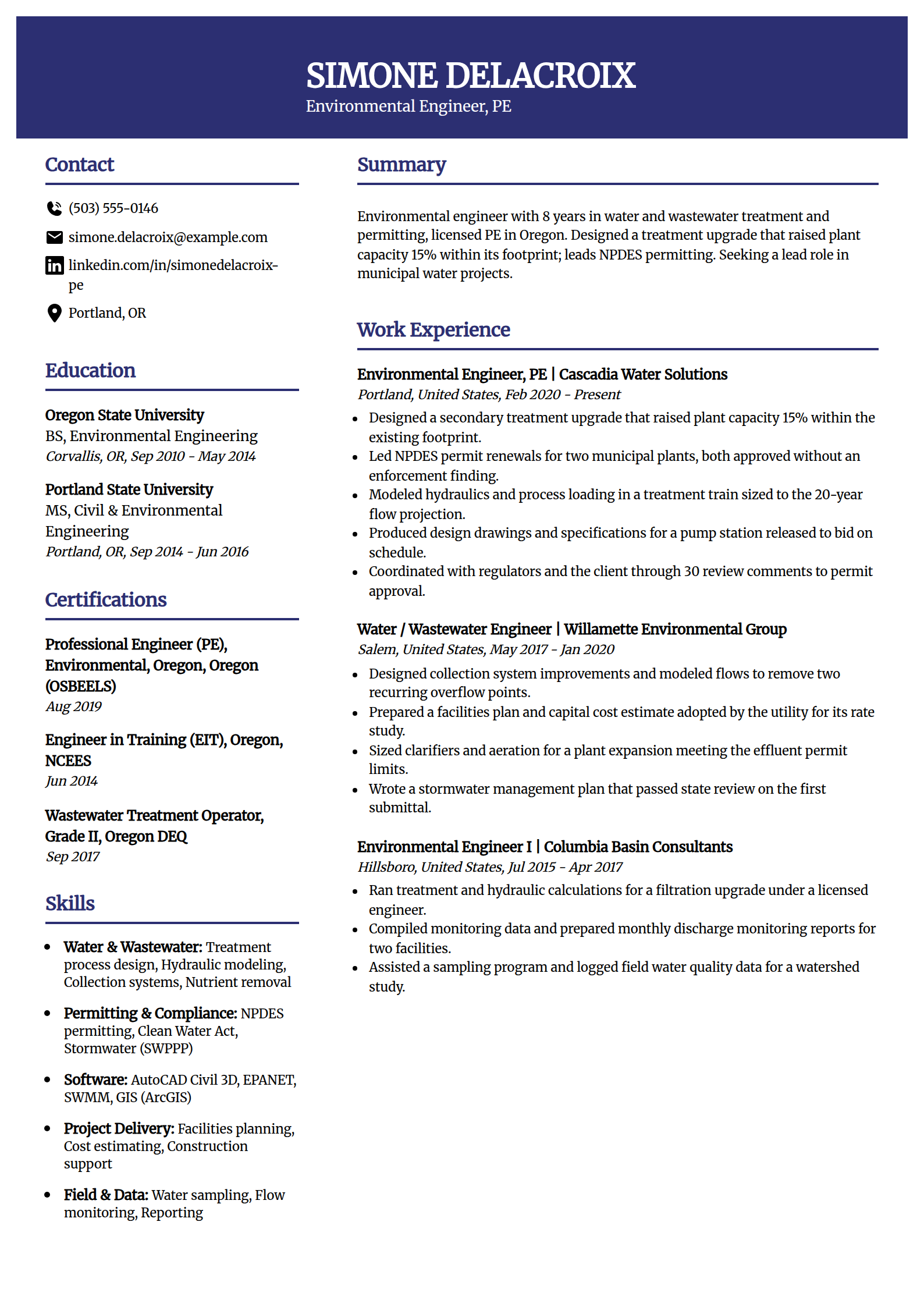 Environmental engineering resume example in the Visionary template