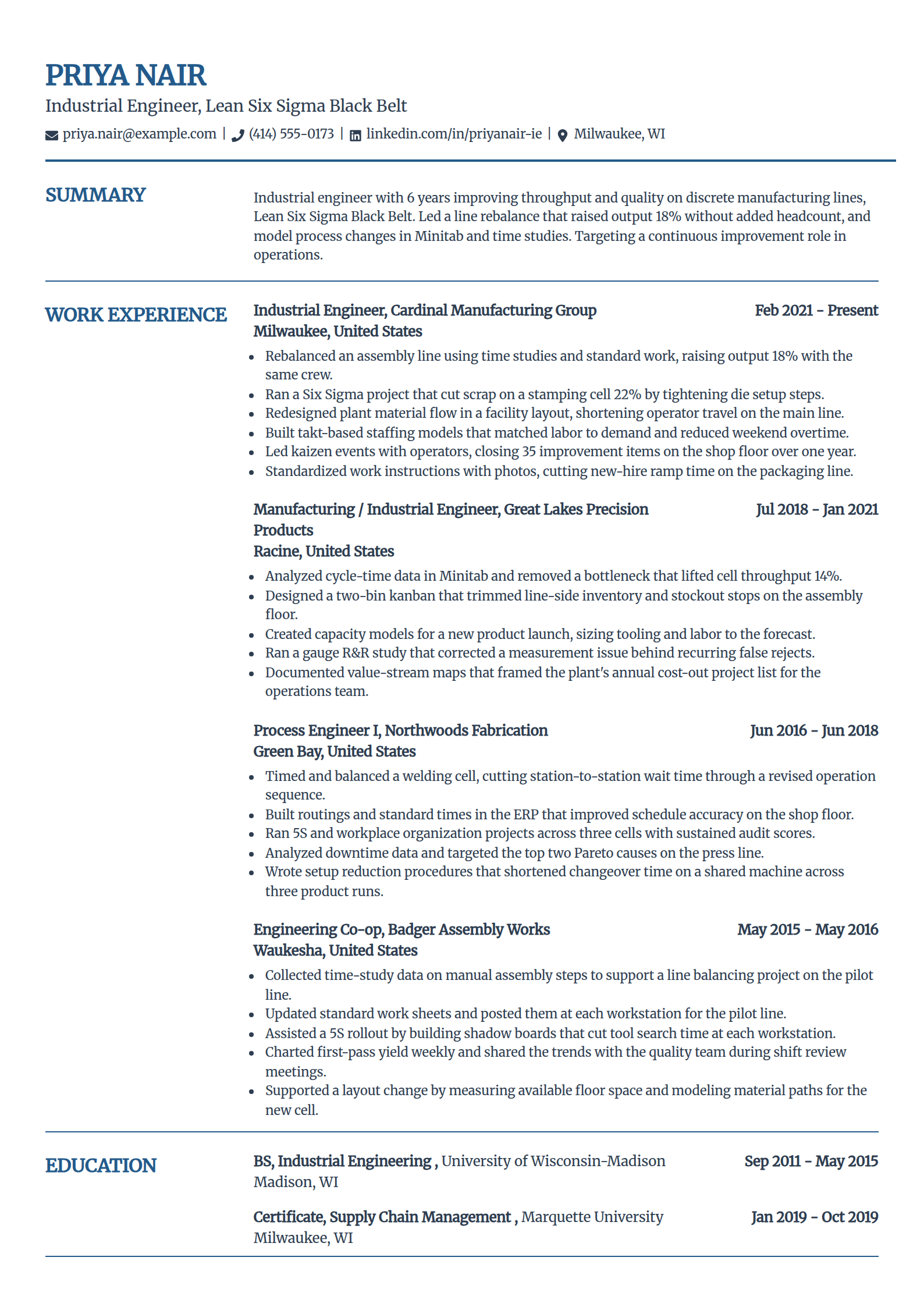 Industrial engineering resume example in the Craft template