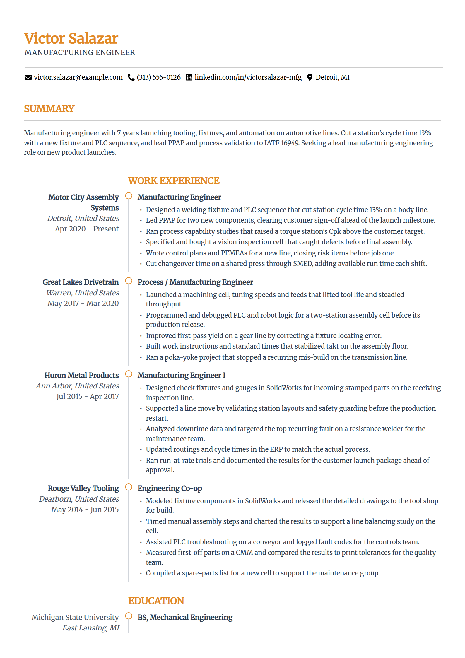 Manufacturing engineering resume example in the Zenith template
