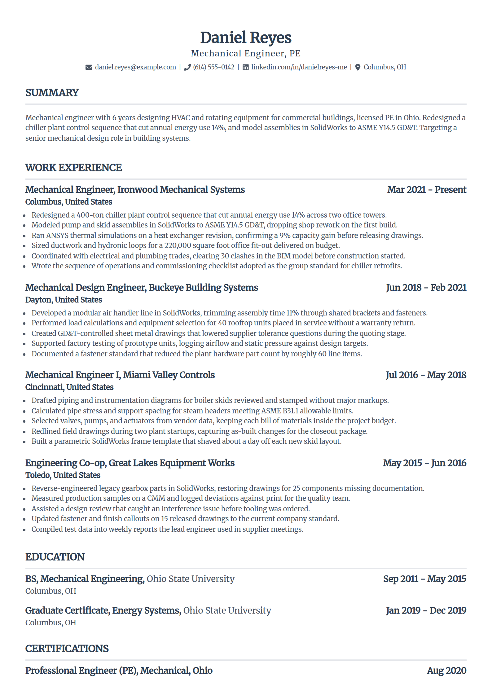 Mechanical engineering resume example in the Standard template