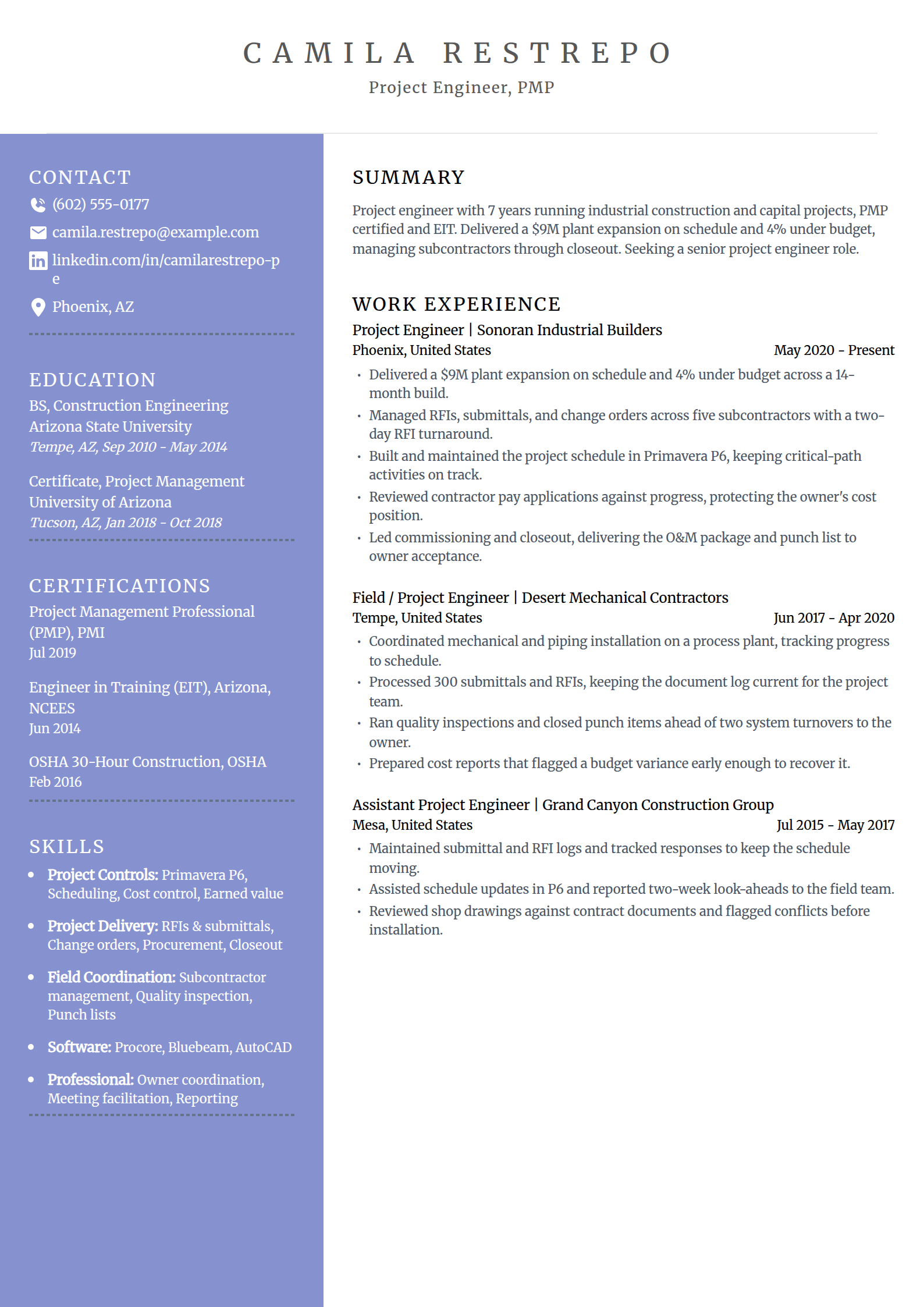 Project engineer resume example in the Luminary template