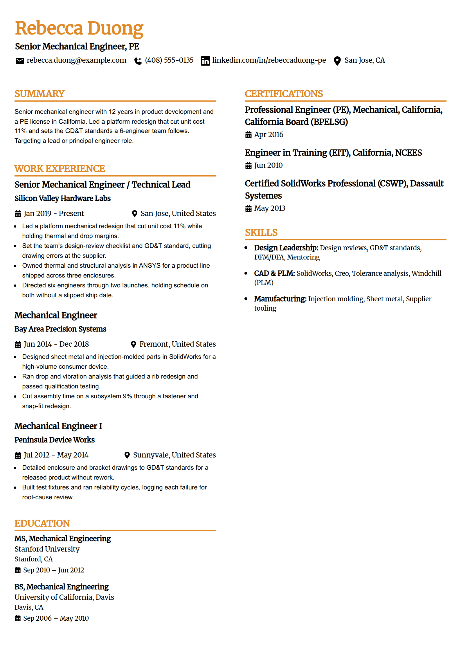 Senior lead engineer resume example in the Professional Edge template