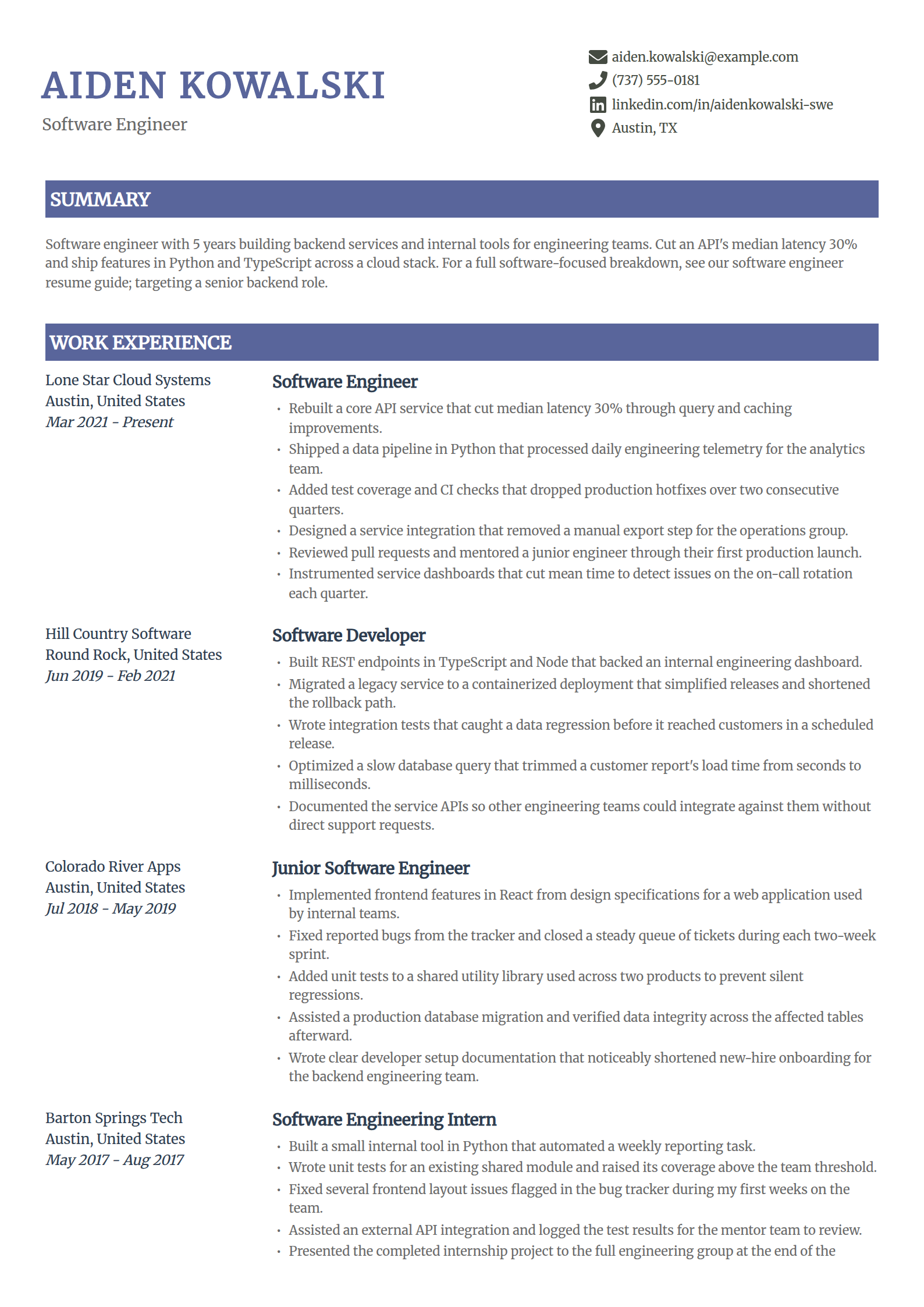 Software engineer resume example in the Catalyst template