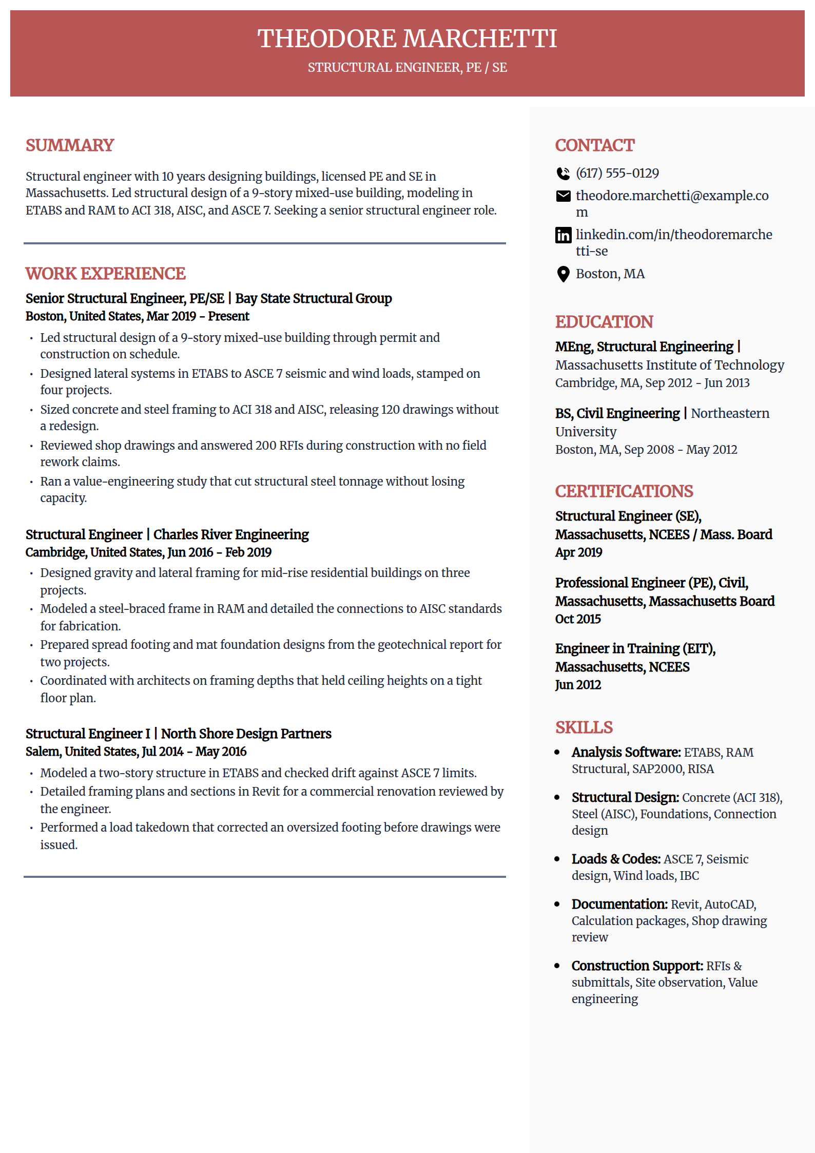 Structural engineering resume example in the Executive template