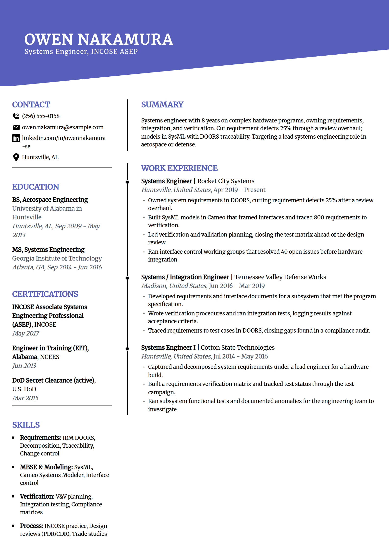 Systems engineer resume example in the Orbit template