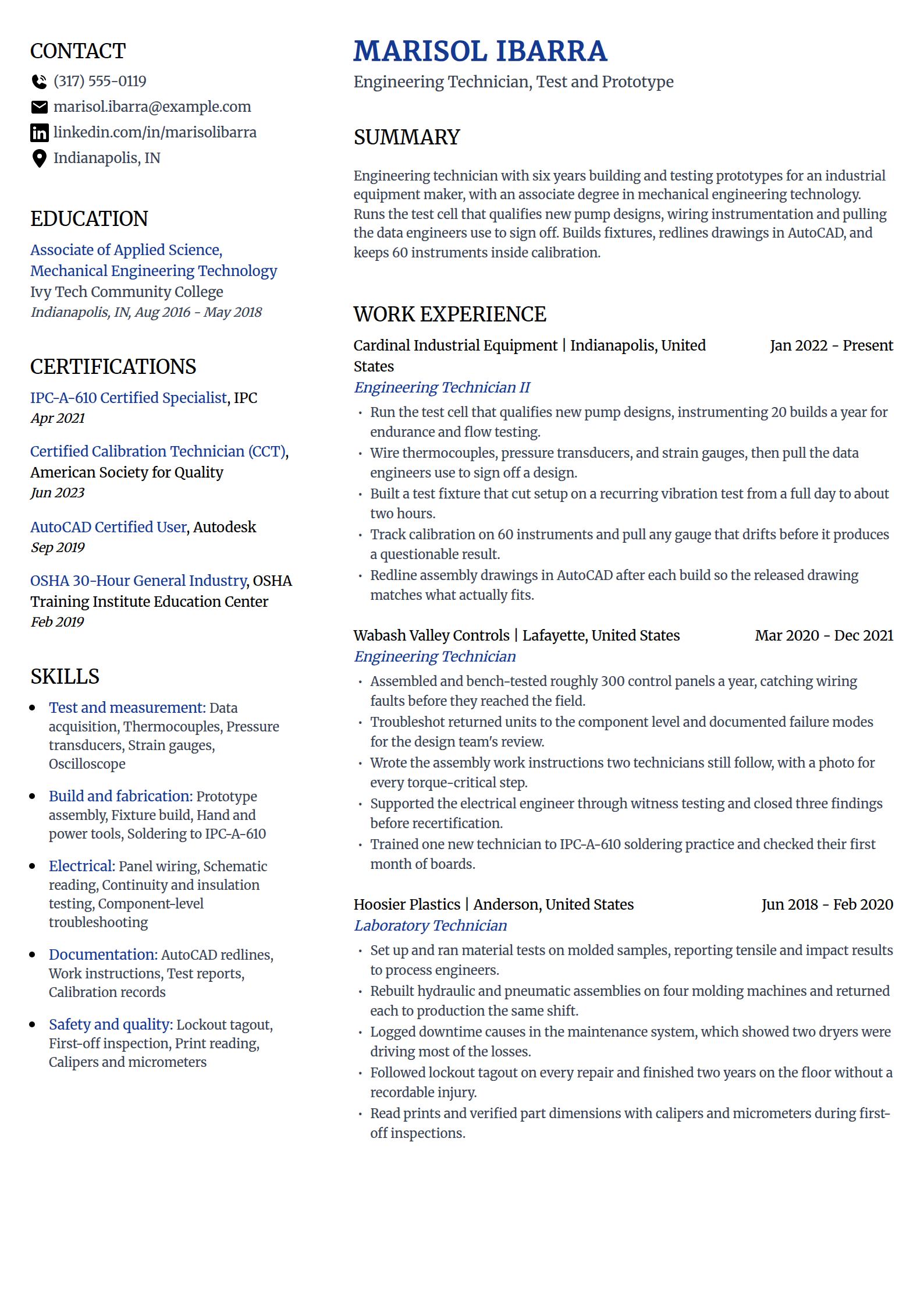 Engineering technician resume example in the Voyage template