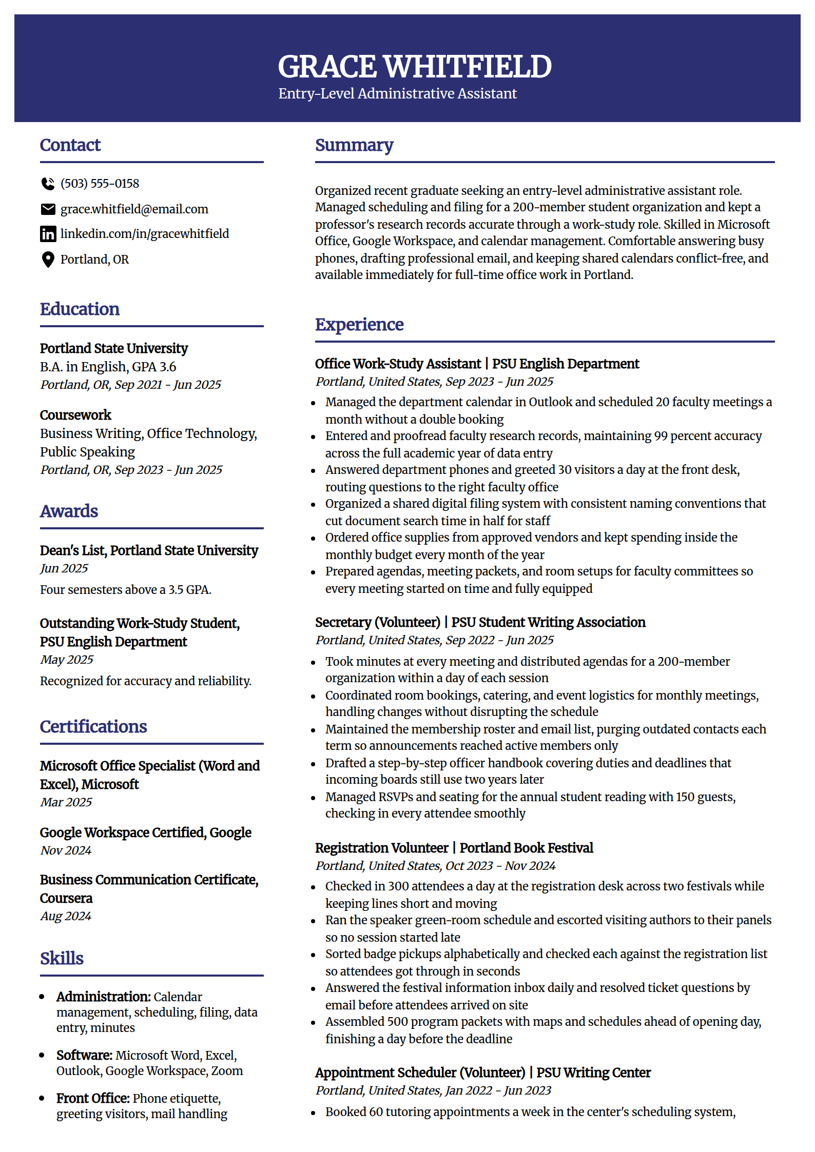 Entry-level administrative assistant resume example in the Visionary template
